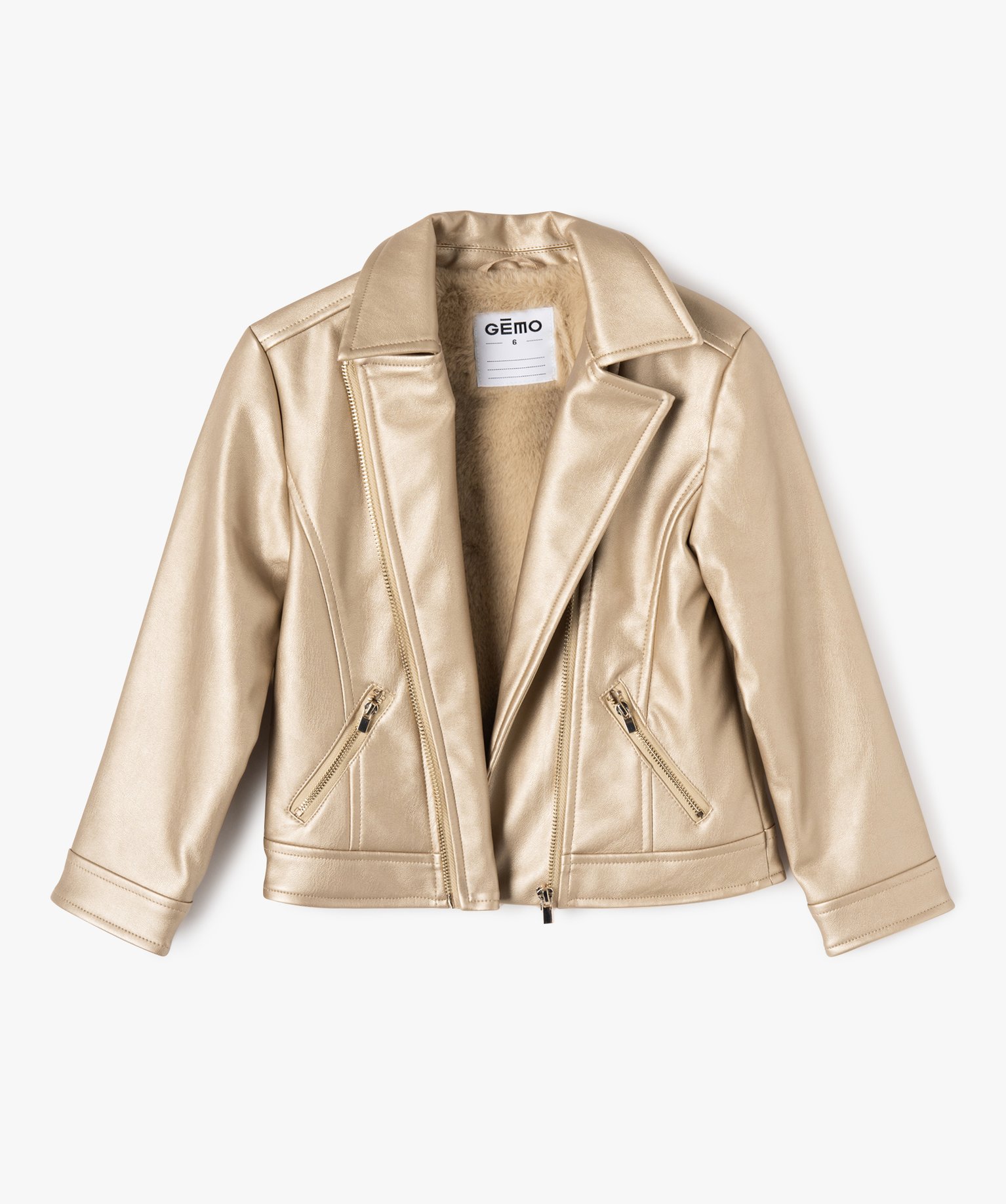 Blouson biker en cuir imitation fille or | GEMO
