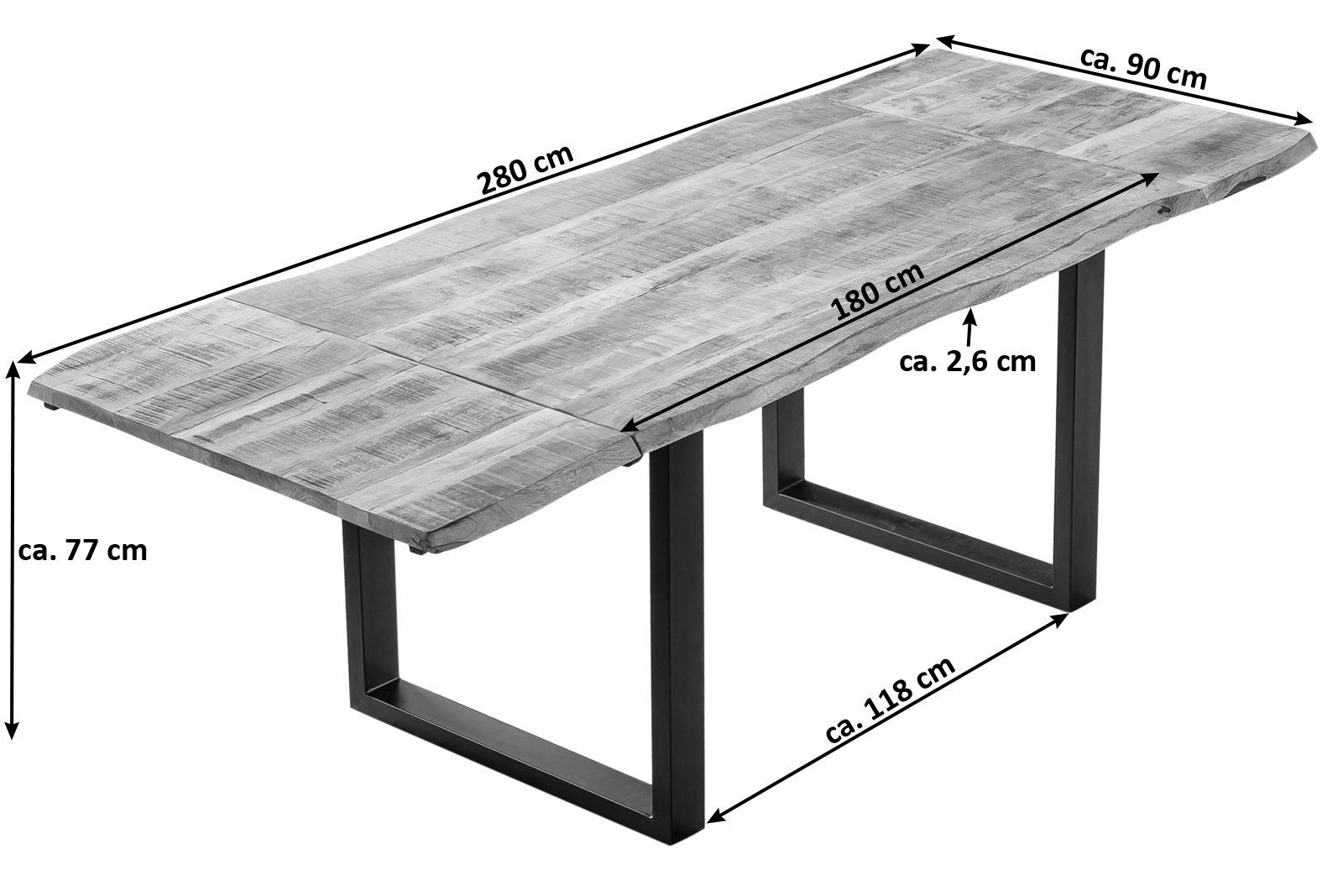 Junado® Baumkantentisch Noar, Mango Massivholz, naturfarben, natürliche Baumkante, 2 Ansteckplatten