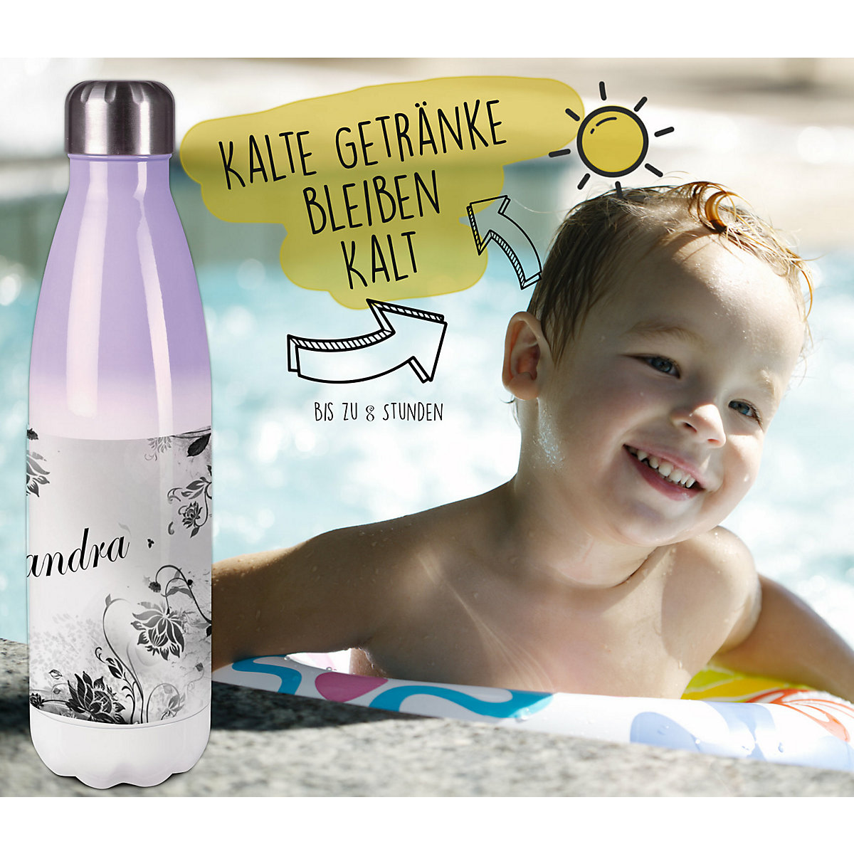 Edelstahl Kinder Thermoflasche / Trinkflasche bunt Blumenranke Farbe schwarz weiß Spülmaschinenfest, Auslaufsicher, Bruchfest, Doppelwandig, Für Heißgetränke geeignet, Mit Deckel, Isoliert