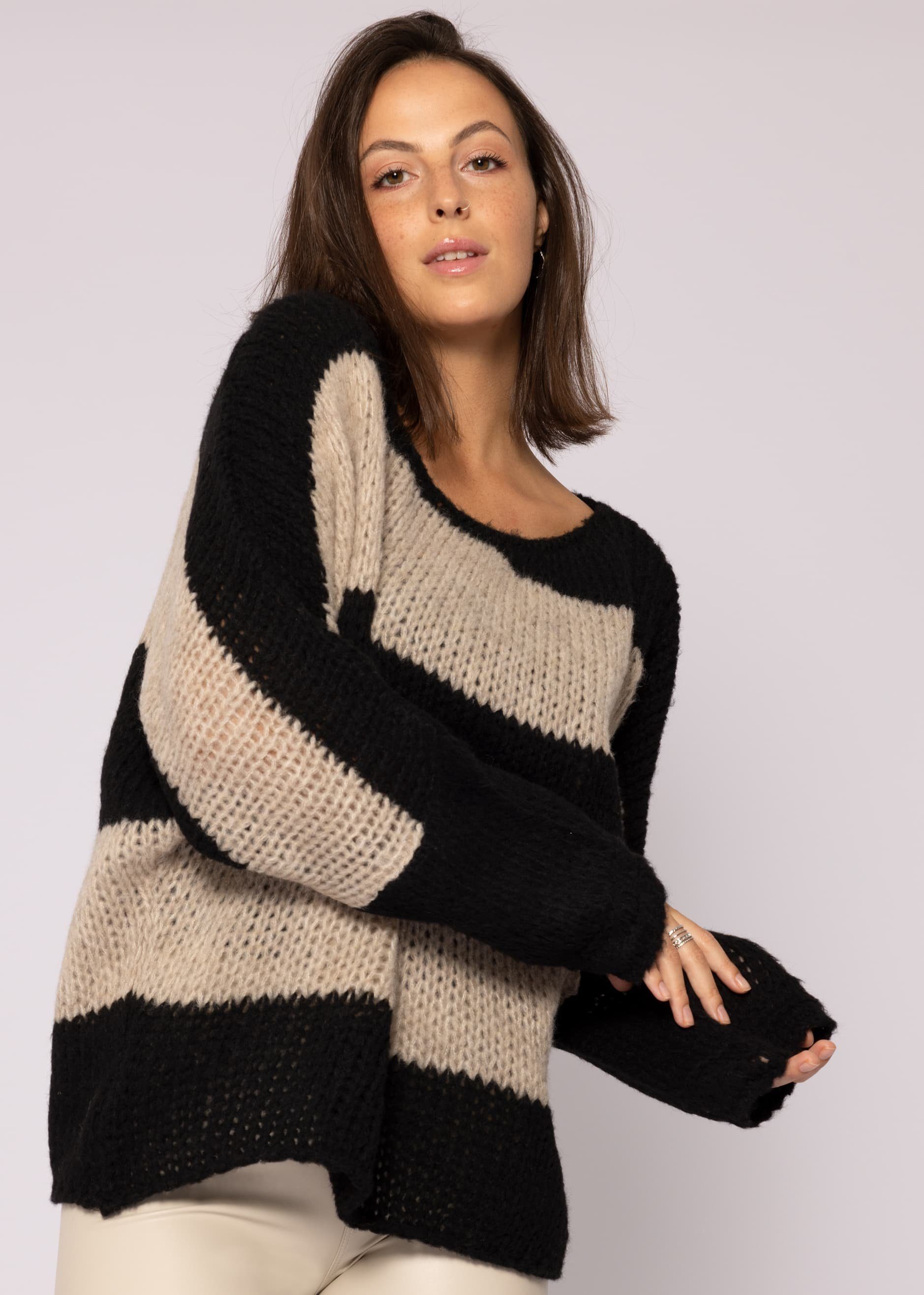 SASSYCLASSY Strickpullover Oversize Pullover Damen aus weichem Grobstrick Lässiger Strickpullover lang mit Streifen, Made in Italy