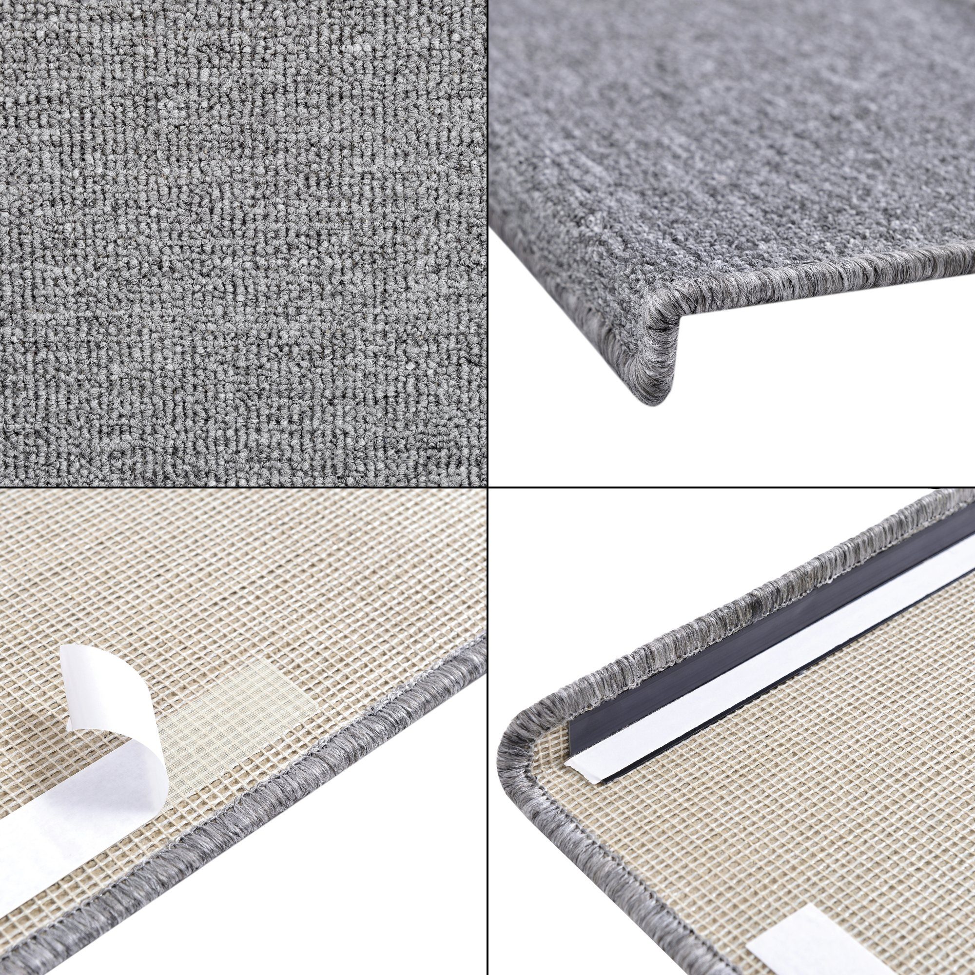Stufenmatte, en.casa, rechteckig, 15er Set Treppenmatten rechteckig 65x24cm selbstklebend Hellgrau