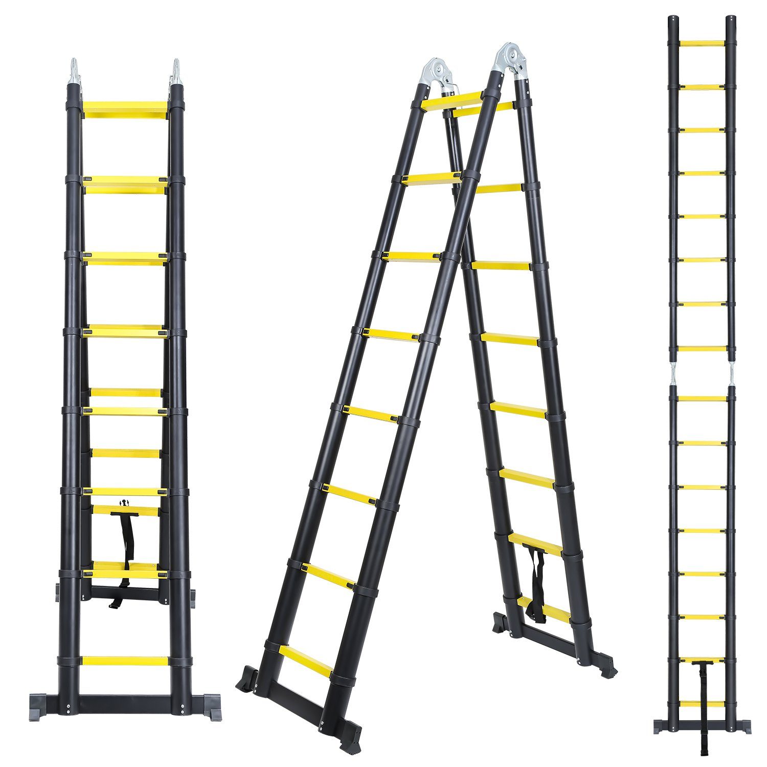 Gimisgu Teleskopleiter Teleskopleiter Alu 2.5+2.5m Ausziehleiter Anlegeleiter gelb mit haken