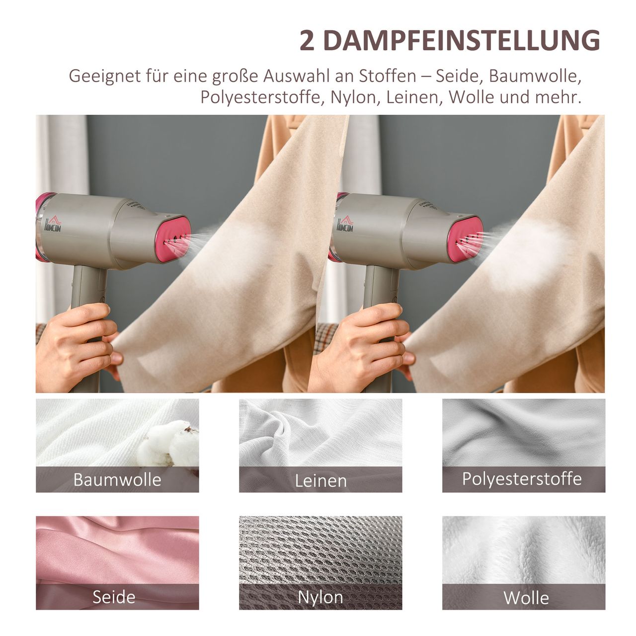 HOMCOM Dampfglätter Dampfbürste faltbar Kleidung Hemden Dampfbügeleisen mit 160 ml Wassertank 1520 W schnelles Aufheizen Aluminium Kunststoff Grau Rosa 27,5 x 18,2 x 9 cm