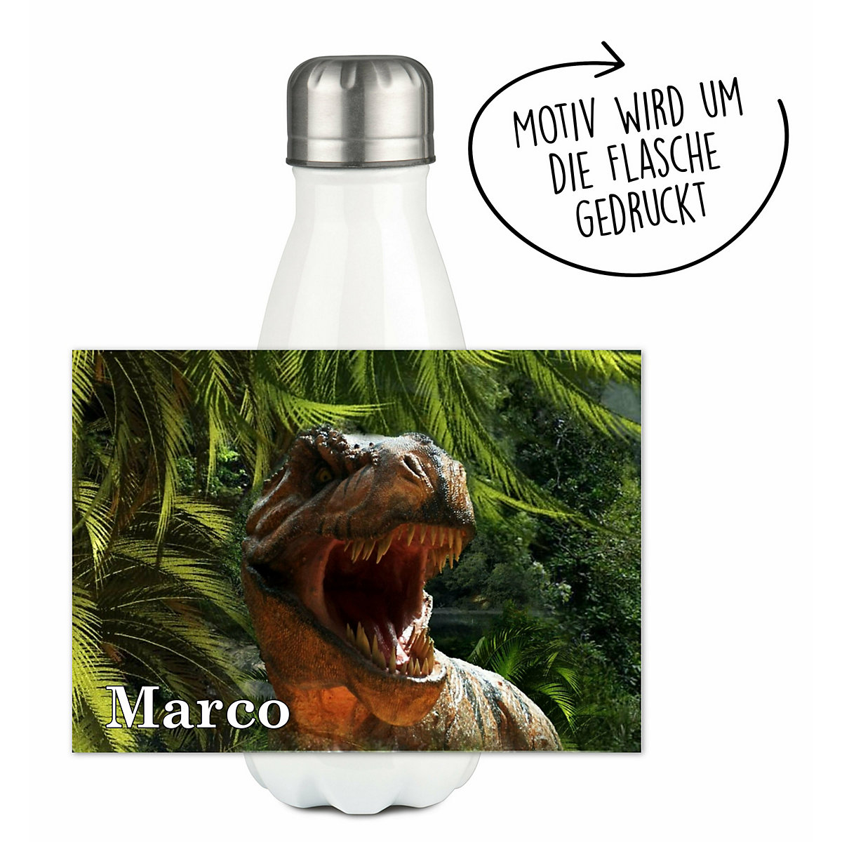 Edelstahl Kinder Thermoflasche / Trinkflasche bunt T-Rex Spülmaschinenfest, Auslaufsicher, Bruchfest, Doppelwandig, Für Heißgetränke geeignet, Mit Deckel, Isoliert