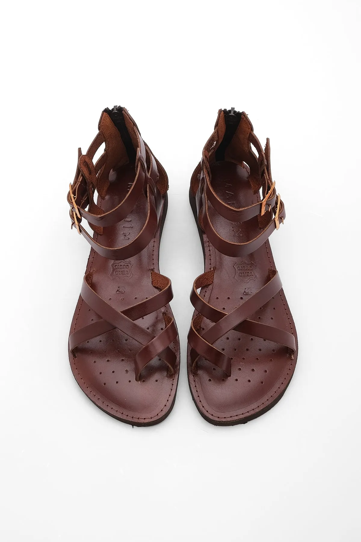 Marjin  Damen Echtleder Leichte Eva Sohle Flip Flop Alltagssandalen Zelos Rot Braun