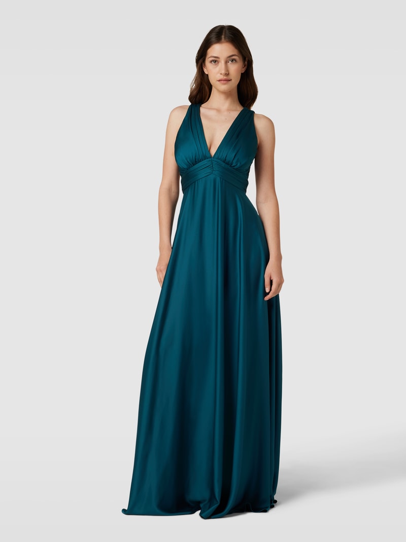 Abendkleid mit Raffungen in dunkelgrün meliert