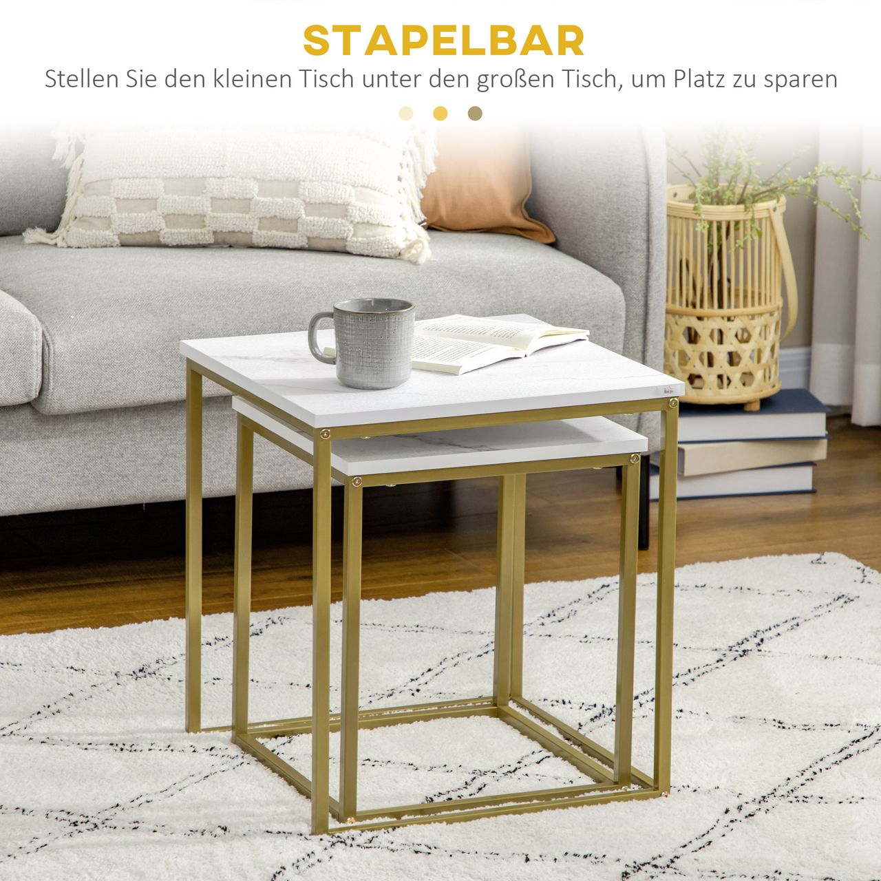 HOMCOM Couchtisch 2er-Set Beistelltisch, Kaffeetisch mit Marmoroptik Weiß