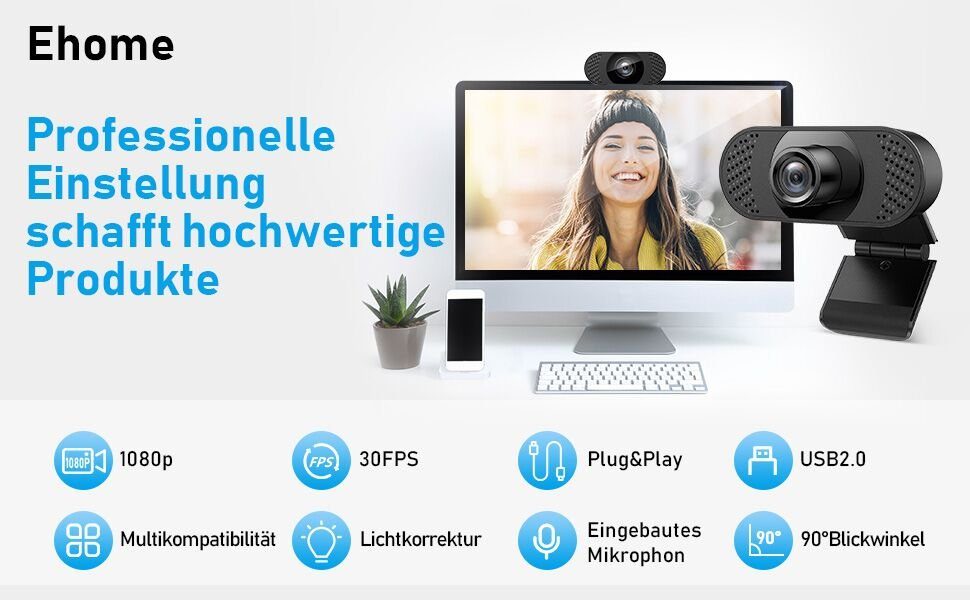Diyarts Full HD-Webcam (Full HD 1080P, für Laptop, Desktop, USB 2.0 Plug & Play, Webcam pc, Automatische Lichtkorrektur, für Live-Streaming, Videoanrufe, Konferenz)