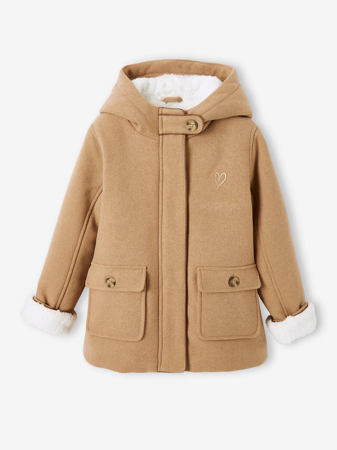 Manteau à capuche en drap de laine fille doublé sherpa chamois