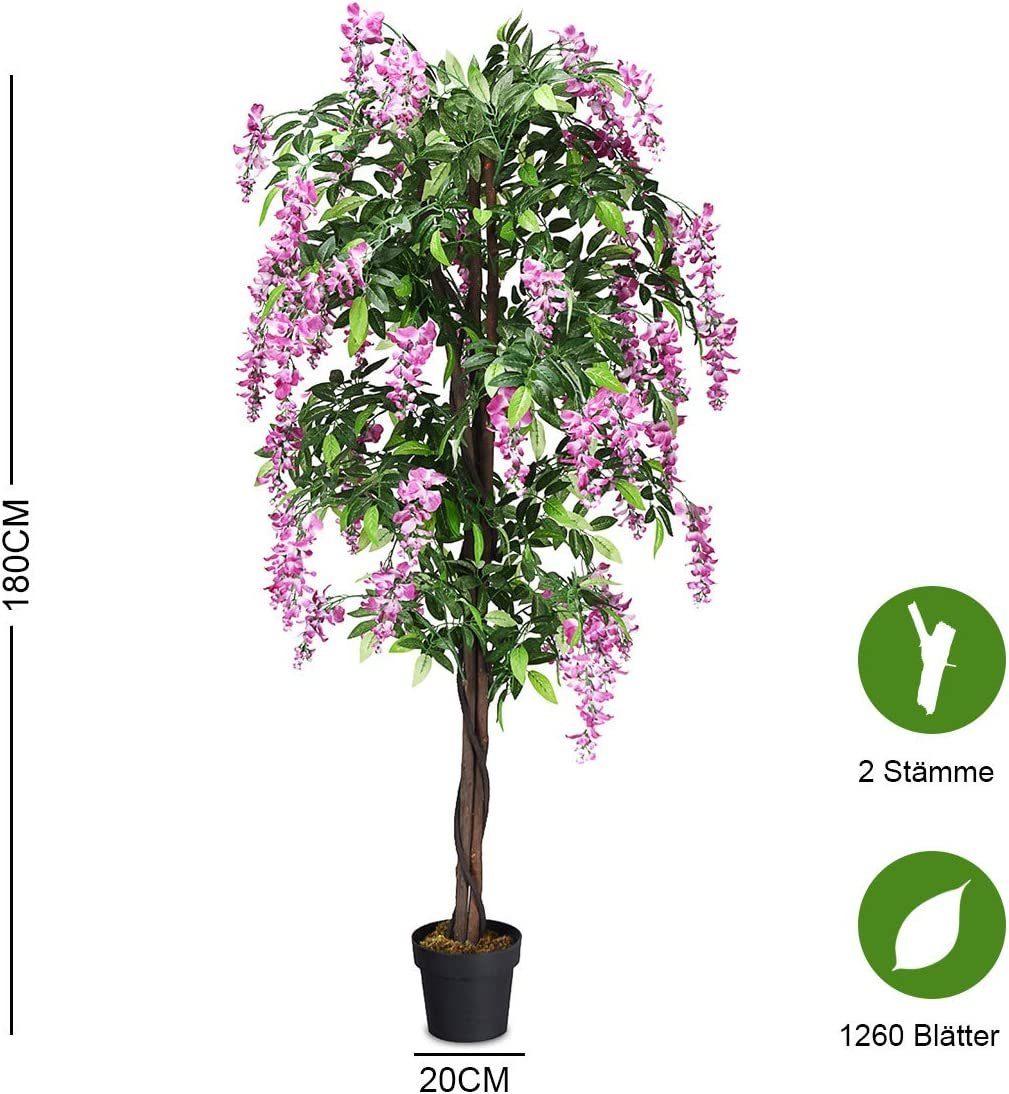 Kunstbaum, COSTWAY, Höhe 180 cm, mit Blüten und Töpf, Blättern & 2 Stämmen