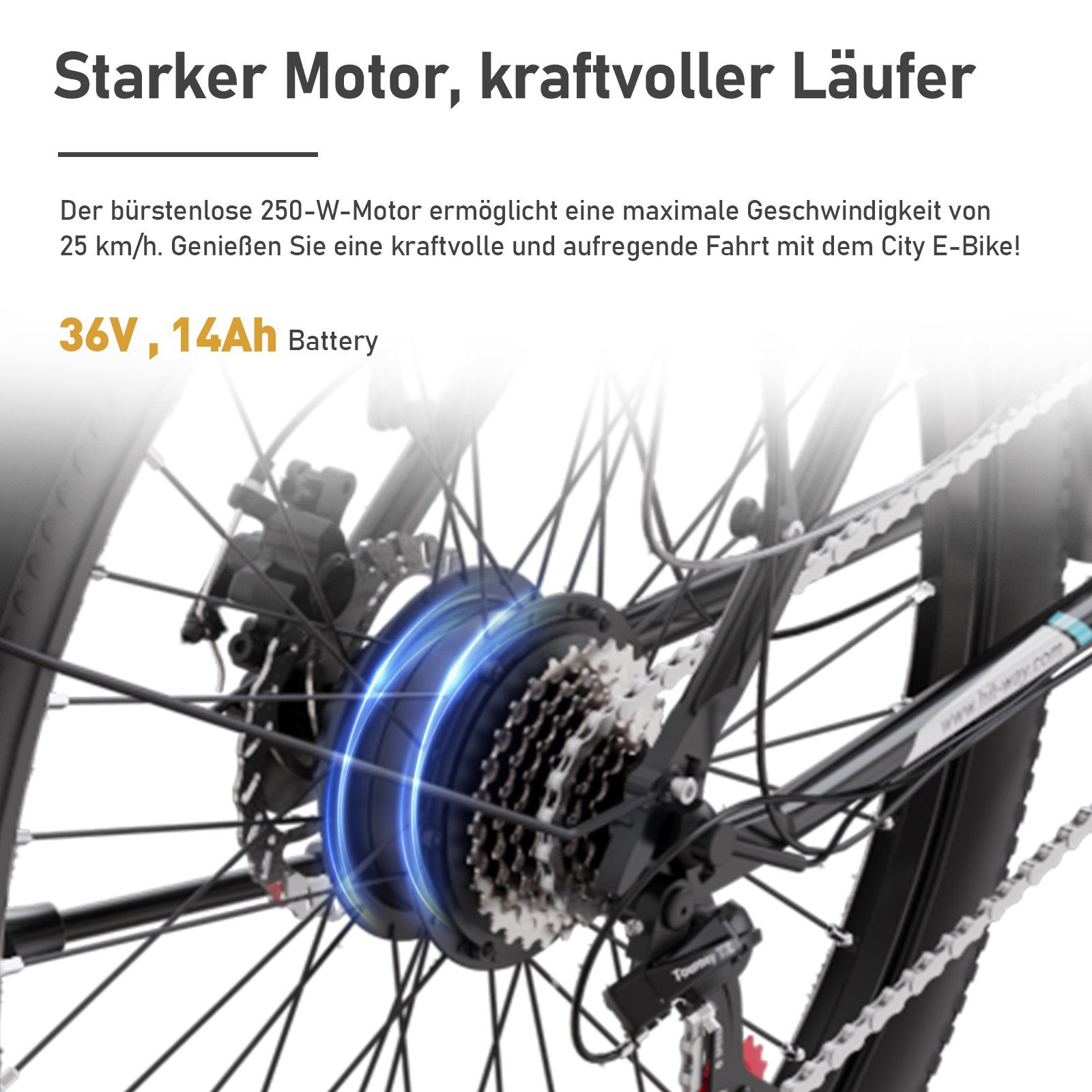 HITWAY E-Bike 26 Zoll Elektrofahrrad Heckmotor, 36V, 14AH 250W, 7 Gang, 7 Gang SHIMANO, Kettenschaltung, Heckmotor, Elektrofahrrad für Damen und Herren 170 - 190 cm, innerhalb der StVZO