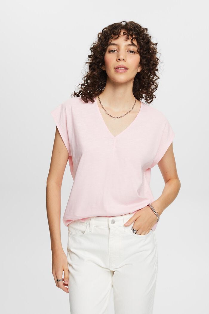 V-Neck Shirt mit Kontrastnähten, 100 % Baumwolle