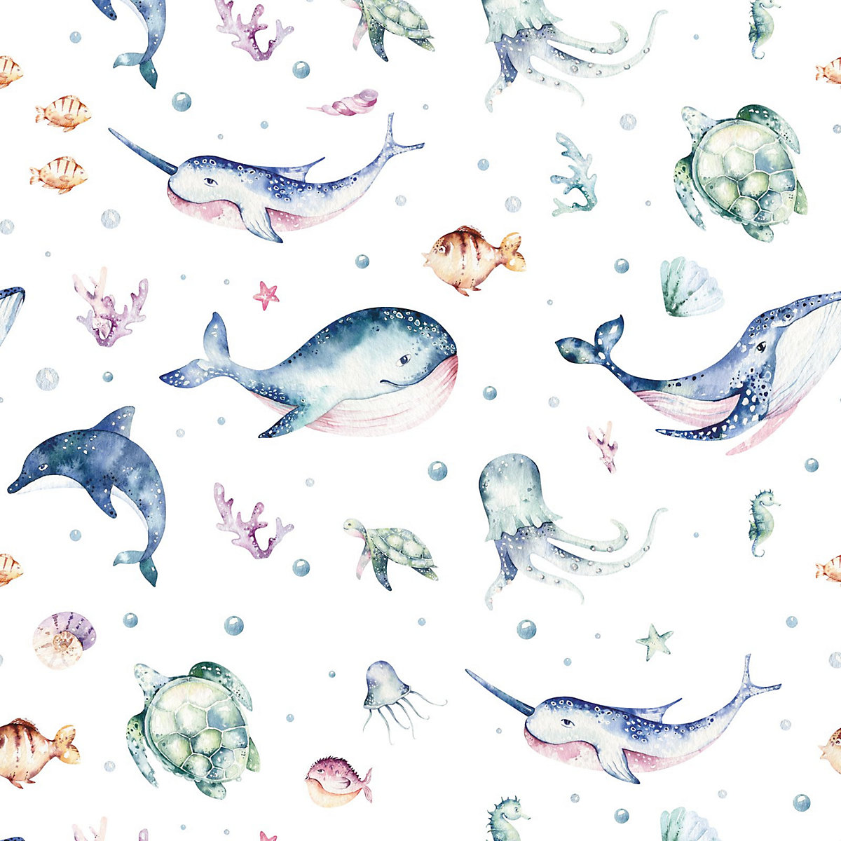 Geschenkpapier 5 Bögen Meerestiere bunt Aquarell – 1,60€/qm Größe: - 84,1 x 59,4 cm Geschenkpapier