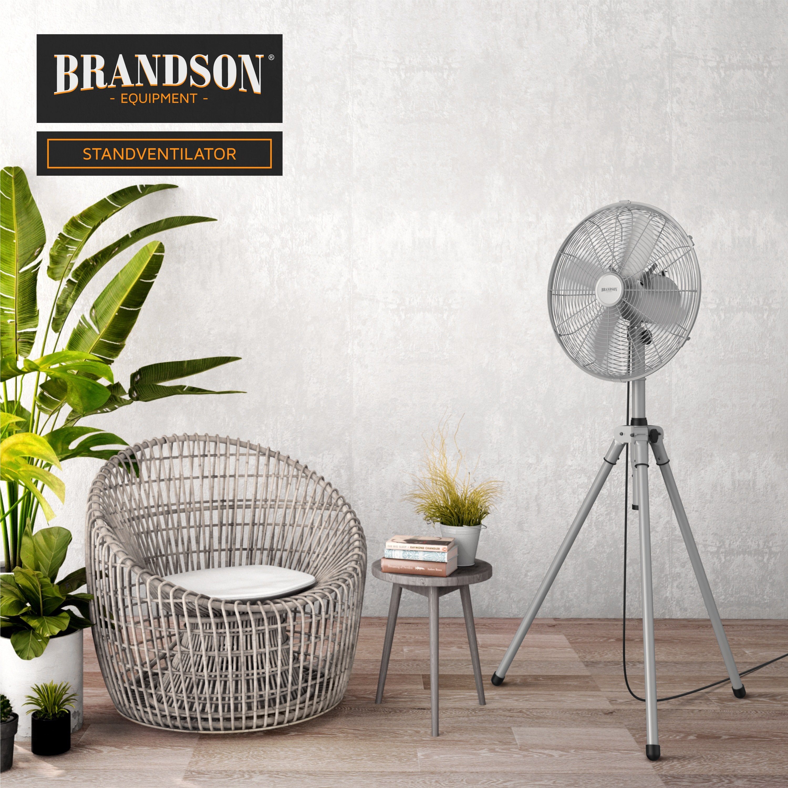 Brandson Standventilator, 49 cm Durchmesser, 60W Lüfter, Dreibeinstativ, Metallgehäuse, Tripod Ventilator, Silber