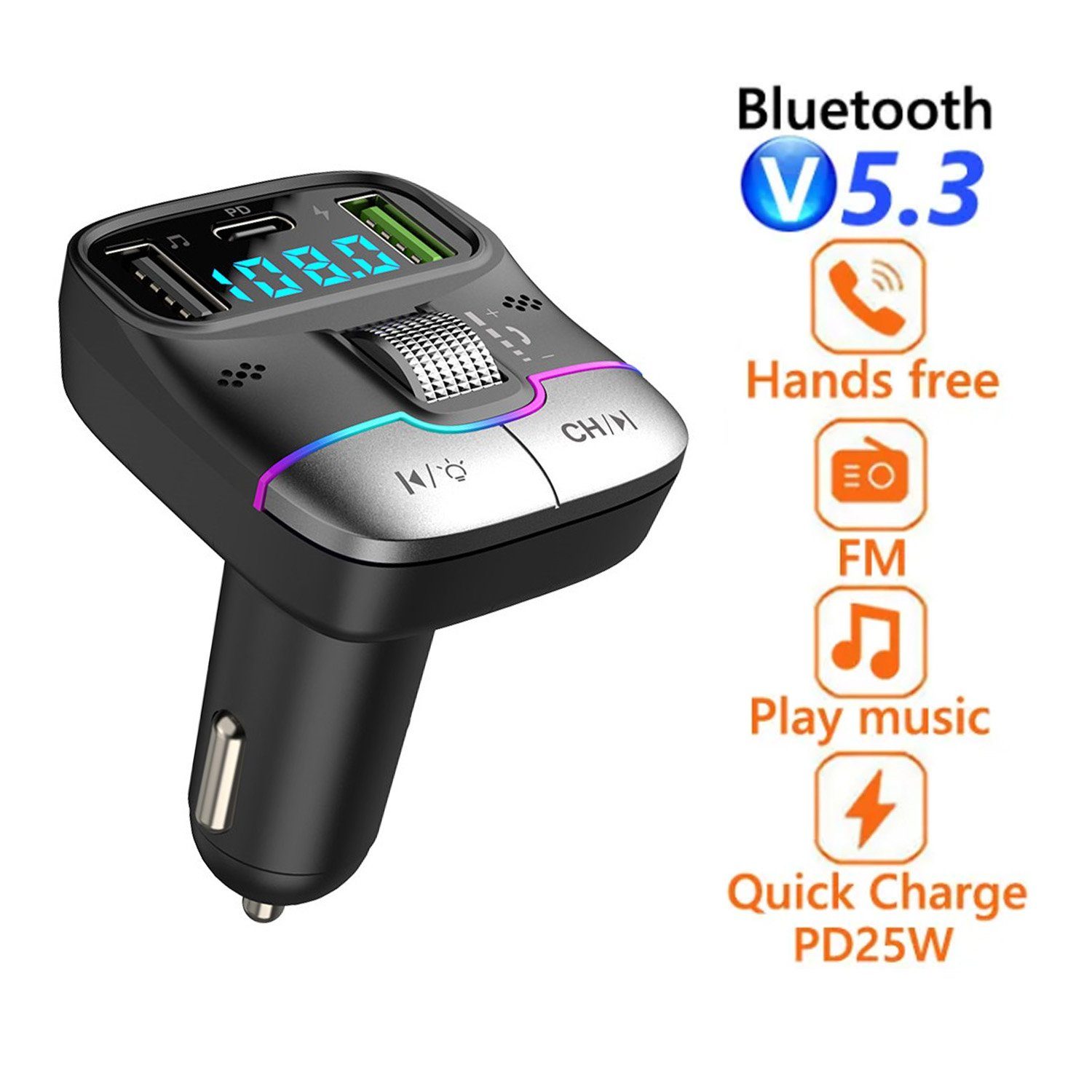 Mutoy Bluetooth 5.3 FM Transmitter für Auto,MP3-Player KFZ-Transmitter 2 Mikrofone, Typ C PD 25W Dual USB Schnell ladegerät Auto, Stärkeres Dual Mic & Bass-Boost