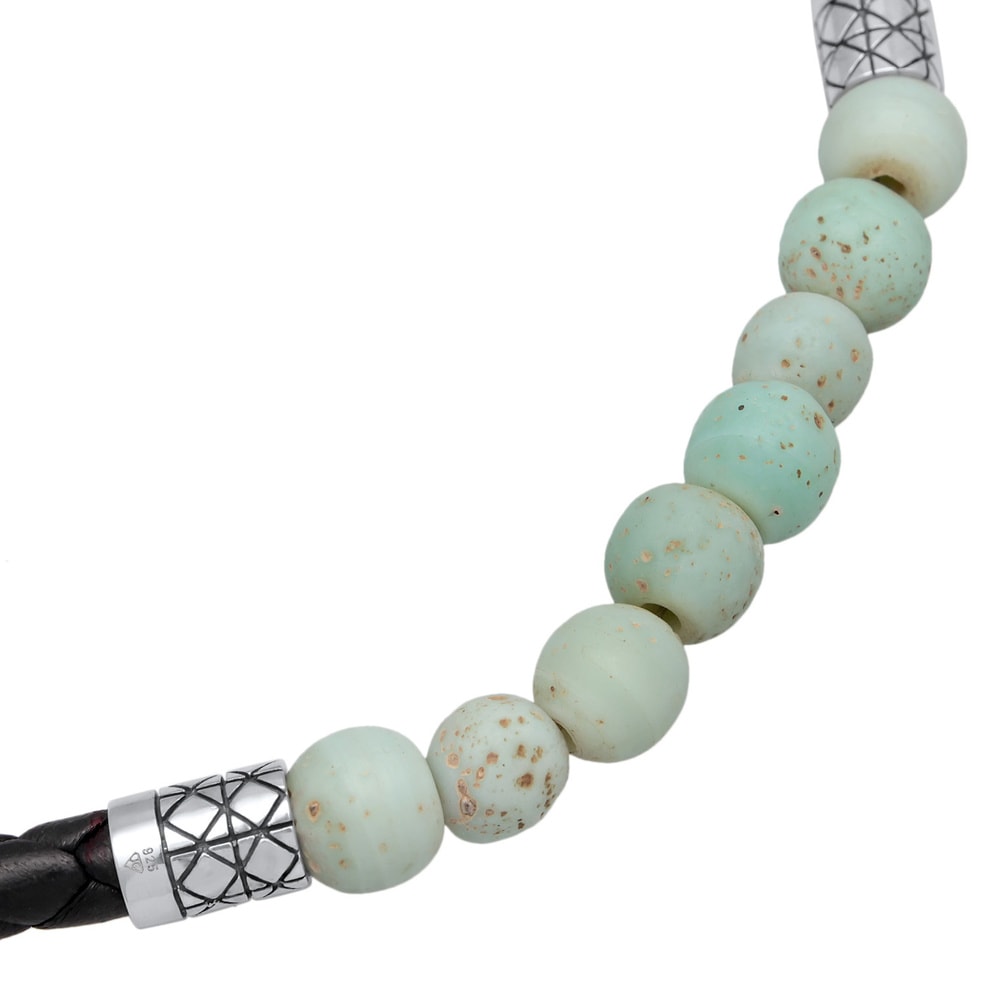 KUZZOI KUZZOI Collier Hommes Perles de verre Basique avec cuir en argent sterling 925 collier