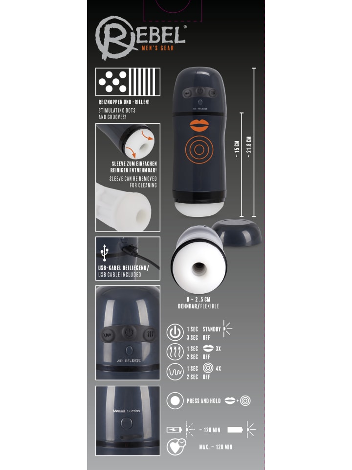 Rebel Masturbator mit Vibration Masturbator with 2 Functions in schwarz günstig kaufen 21,5 cm