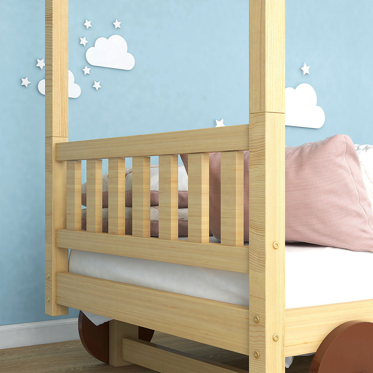 Autobett Kinderbett mit MDF-Rädern, abnehmbarer Rahmen, Rahmen aus Kiefer