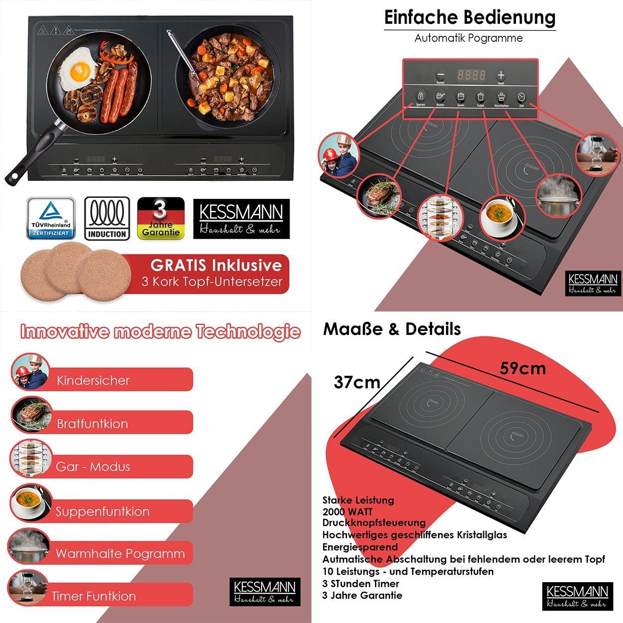 KESSMANN MICHELINO Doppelkochplatte elektrisch Induktion Kochfeld 2 Platten für Induktionsherd mit Timer, Kochplatte Doppelinduktionskochplatte Induktionskochplatte autark LCD