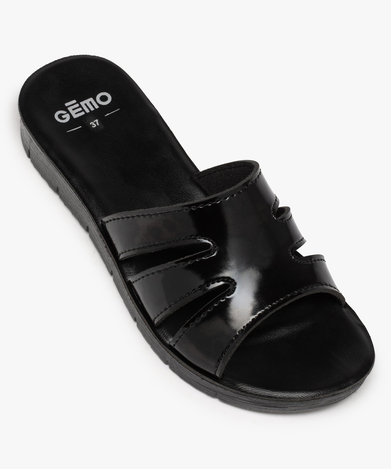 Mules femme à talon plat unies et bride vernie noir | GEMO