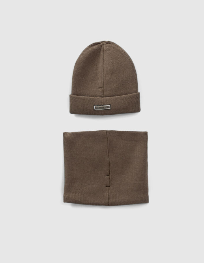 Bonnet et snood kaki tricot marquage gomme garçon
