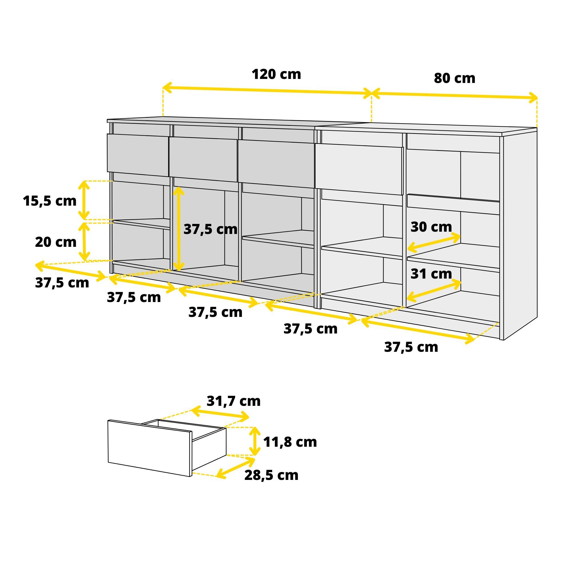 Furnica Kommode NOAH, 5 Schubladen und 5 Türen - Anthrazit Grau H75cm B200cm T35cm