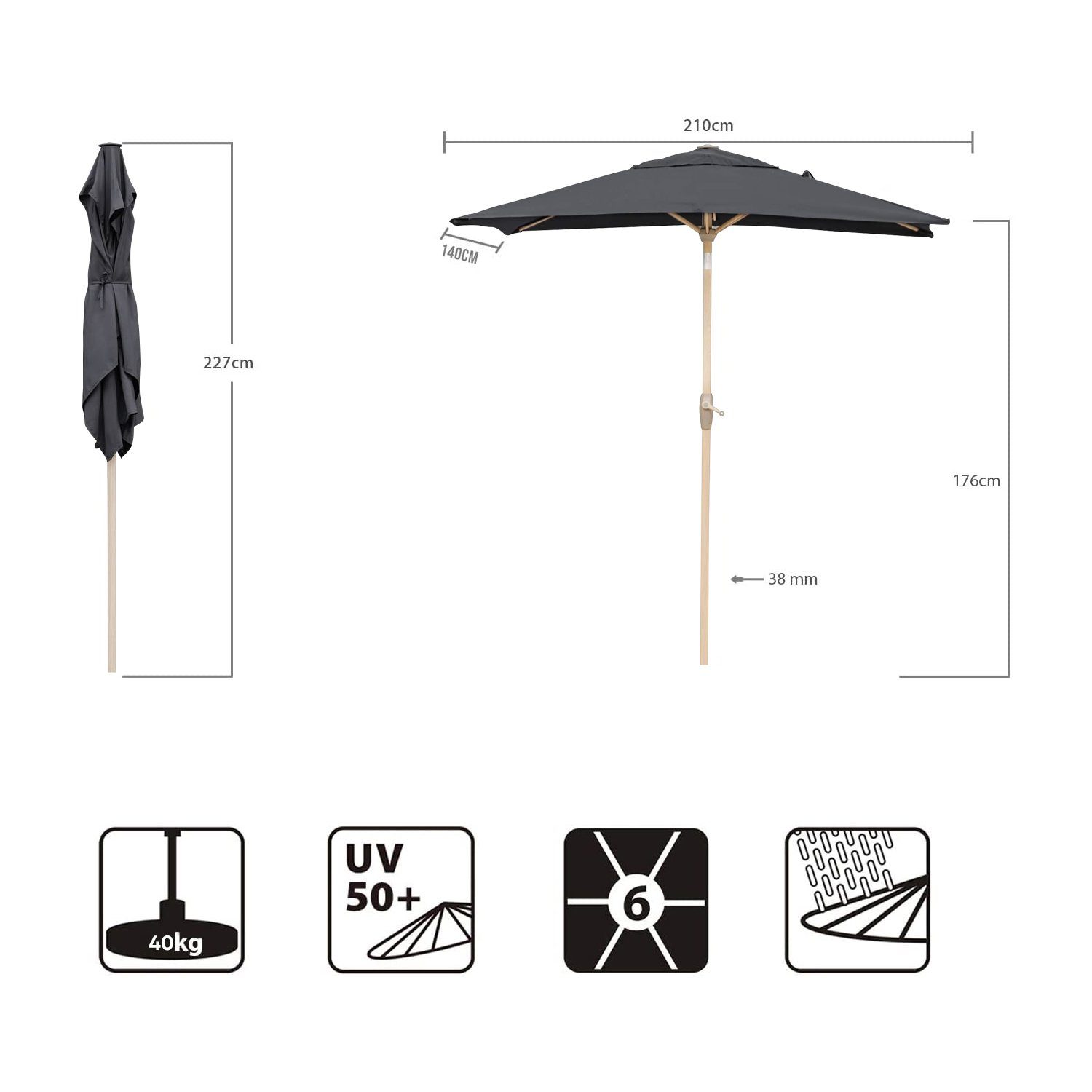 Sekey Rechteckschirm Alu Sonnenschirm Balkon Rechteckig mit Kurbel, Balkonschirm 210x140cm, LxB: 210,00x140,00 cm, UPF 50+