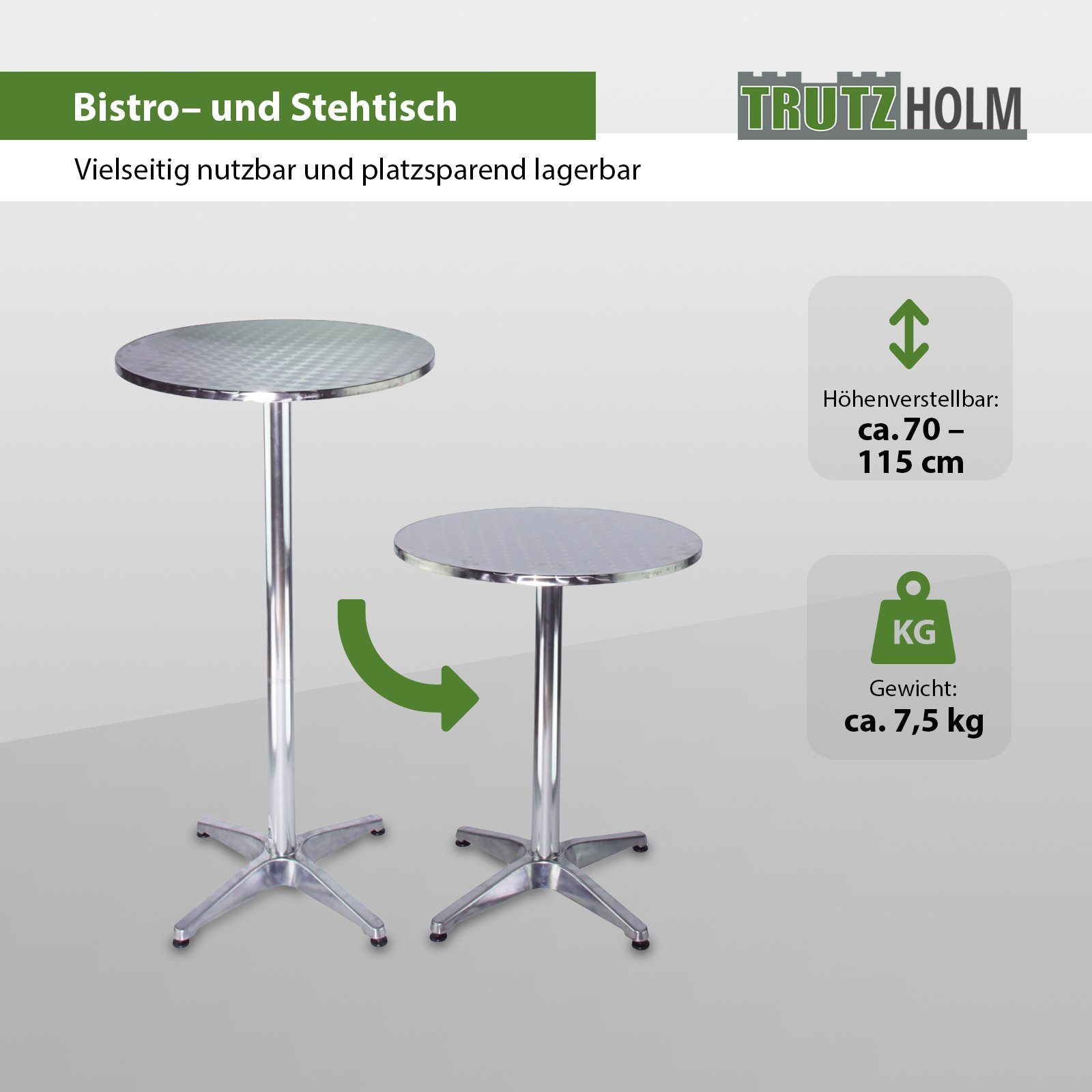 TRUTZHOLM Bistrotisch Stehtisch 2in1 Alu Bistrotisch Bartisch höhenverstellbar 70/115cm (Produkt)