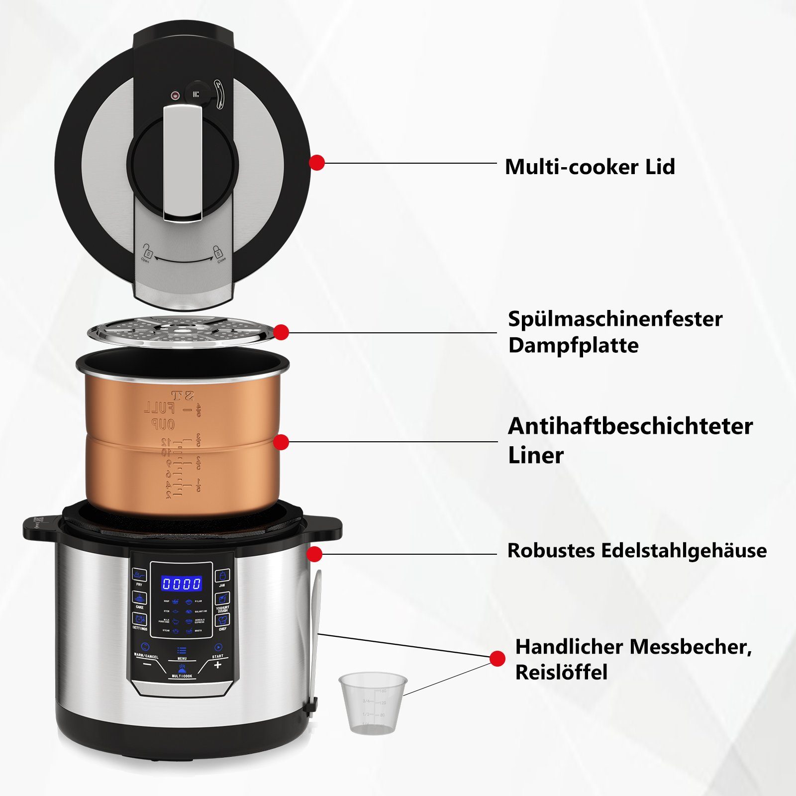 Scheffler Multikocher 6L Elektrischer Reiskocher Schnellkochtopf, 14 Automatische-Programme, 1000,00 W, 6,00 l Schüssel, Schongarer, Wokpfanne, Joghurtbereite & Mehr, Edelstahl, Timer