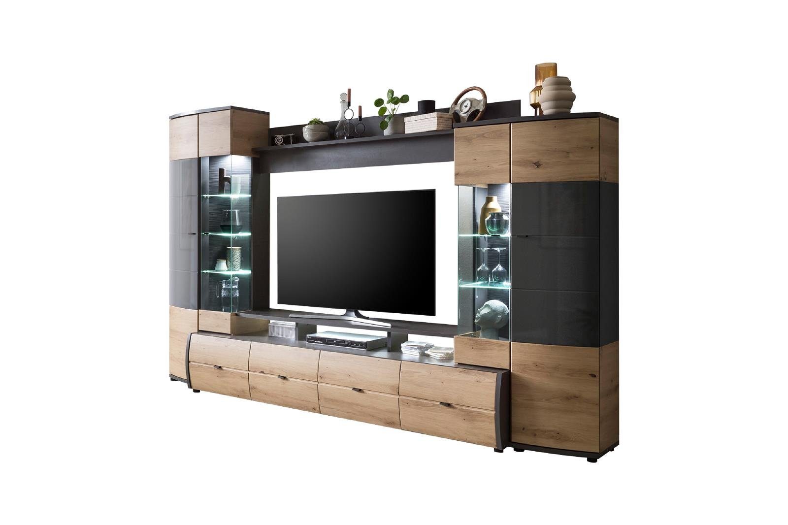 möbelando Wohnwand Flori, Moderne Wohnwand, Front aus MDF in Artisan-Eiche / Anthrazit mit Glasabsetzung, Korpus aus melaminharzbeschichteter Spanplatte in Anthrazit / Artisan-Eiche, mit 1 TV-Lowboard, 1 Wandboard, 2 Vitrinen, mit 4 Türen, 4 Schubkäs