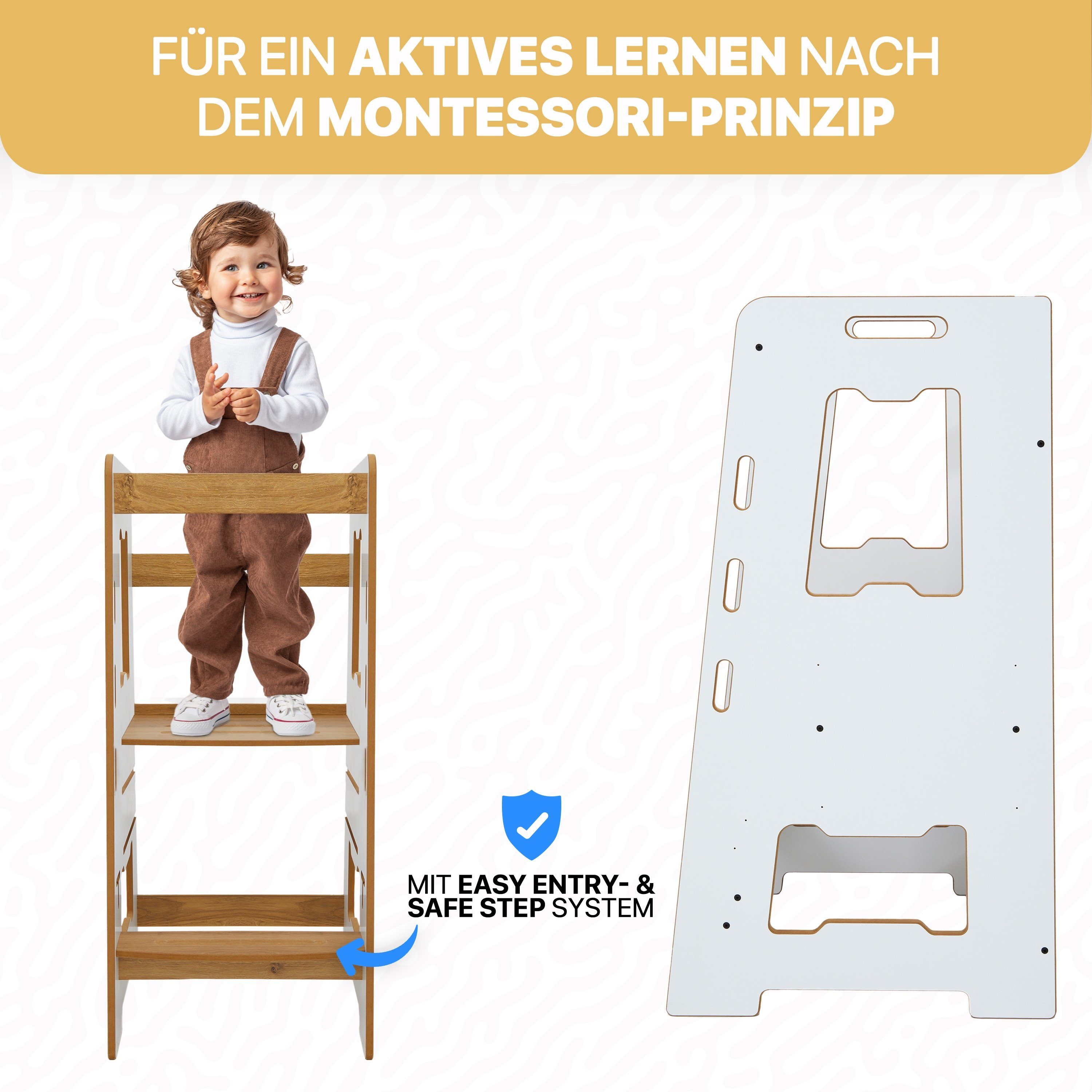 BoomDing Stehhilfe BoomDing Lernturm - Lernturm für Kinder mit 1 Jahr höhenverstellbar, Stabil und sicher, mit Rausfallschutz, mit Kippschutz, Montessori