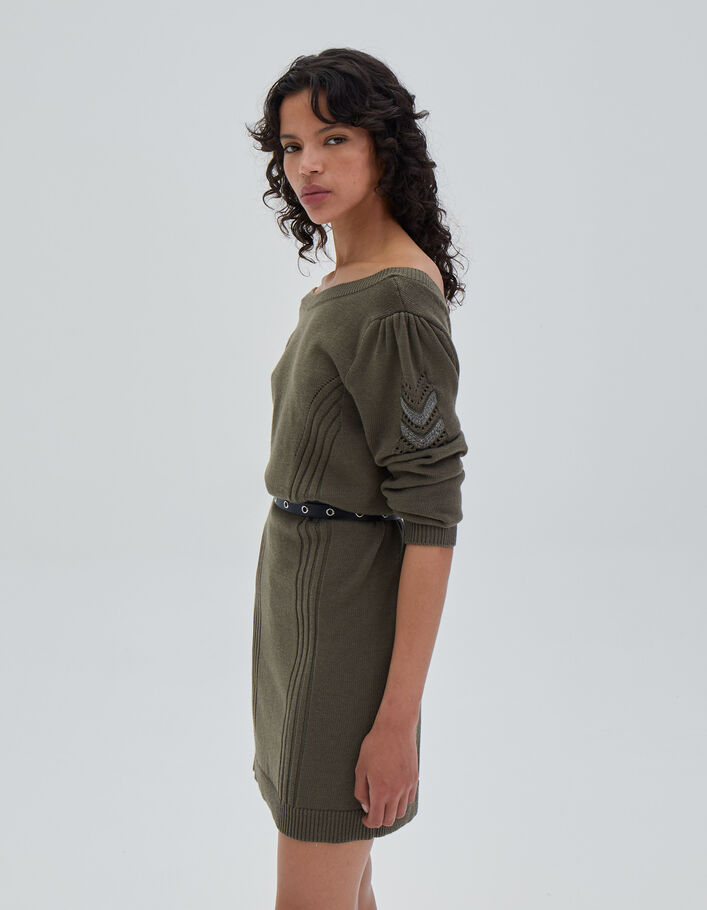 Robe courte kaki en maille jeux de points chevrons femme