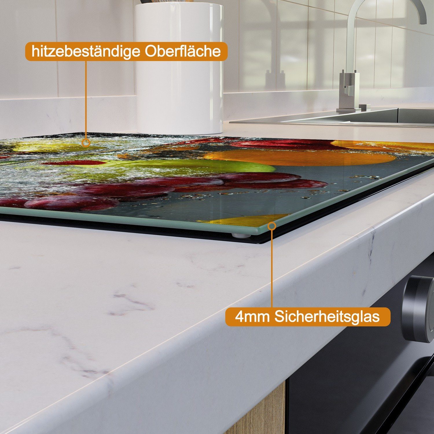 Wallario Herd-Abdeckplatte Früchte im und unter Wasser - Splashing Fruits, ESG-Sicherheitsglas, (Glasplatte, 1 tlg., inkl. 5mm Noppen), verschiedene Größen