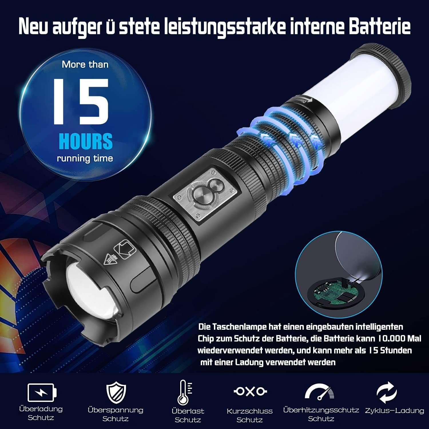 Hikeren Taschenlampe Superhelle Flashlight,150000LM,Campinglampe 10 Modi,Starke Wasserdicht (1-St), Einstellbare Brennweite