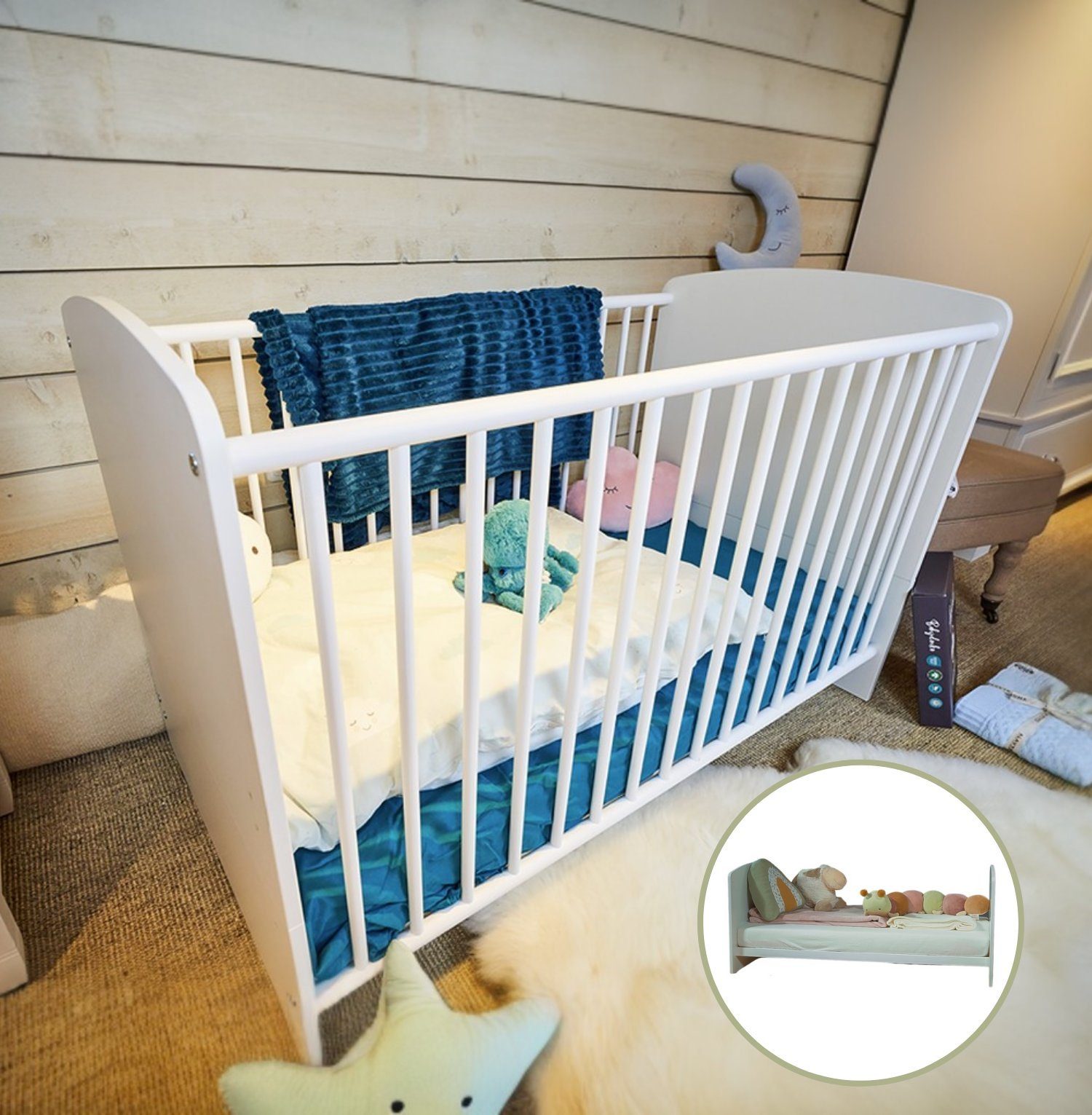 Alavya Home® Babybett STORM I Kinderbett Umbaubares Gitterbett höhenverstellbar, Babybett 60x120 cm inkl. Lattenrost mit herausnehmbare Sprossen