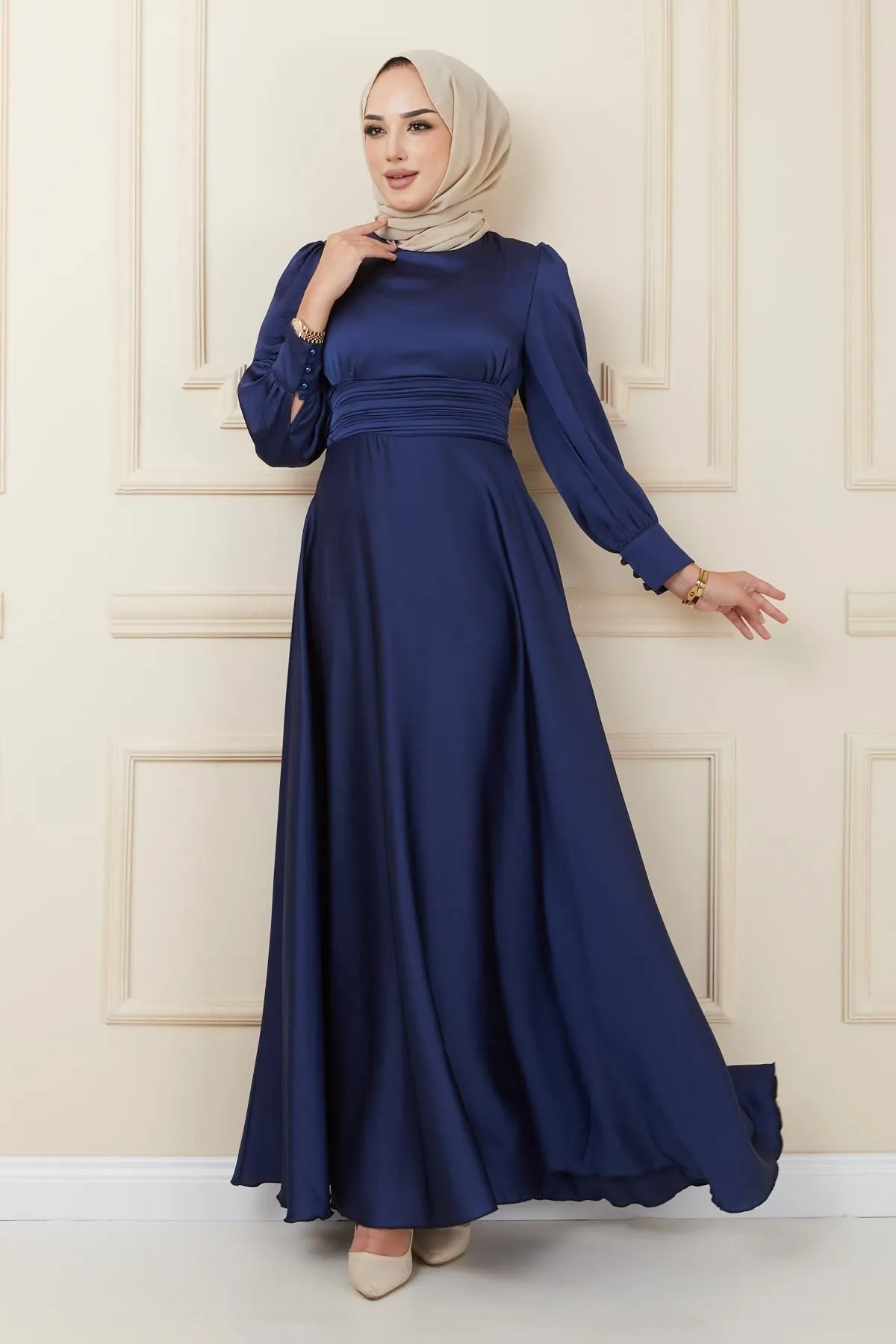 Olcay  Abendkleid mit Taillenfalten und Gürtel MARINEBLAU 1595