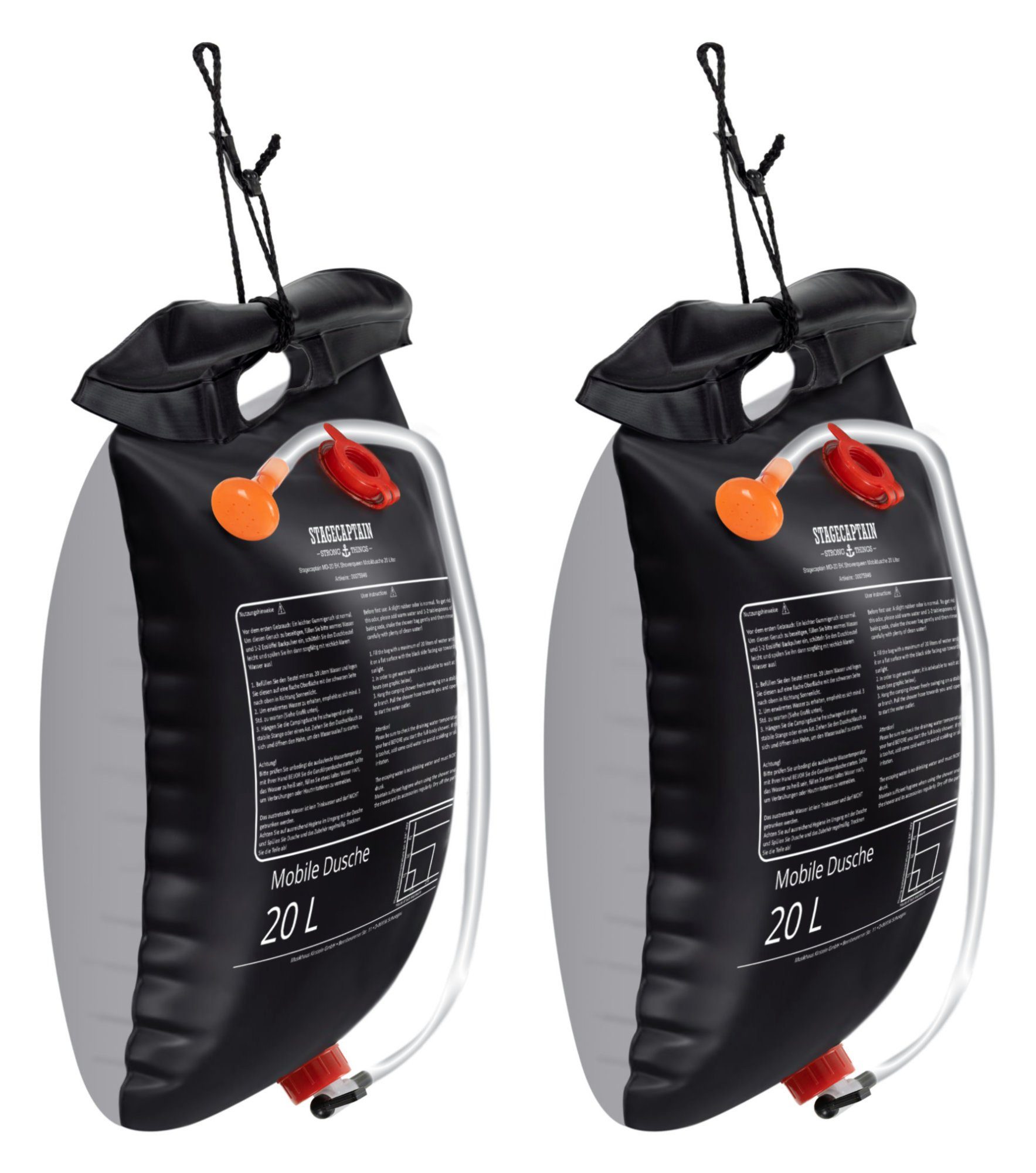 Stagecaptain Solardusche MD-20 BL Mobildusche mit 20 Liter Volumen (Campingdusche Set, 2 St., Inkl. Netzbeutel und Aufhängevorrichtung), Reisedusche Solar mit Duschkopf