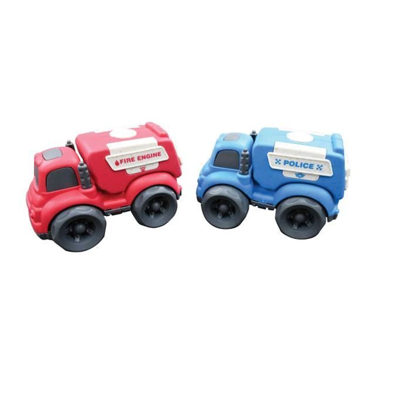 Mini police+camion pompier en fibres de blé, recyclable et biodégradable rouge