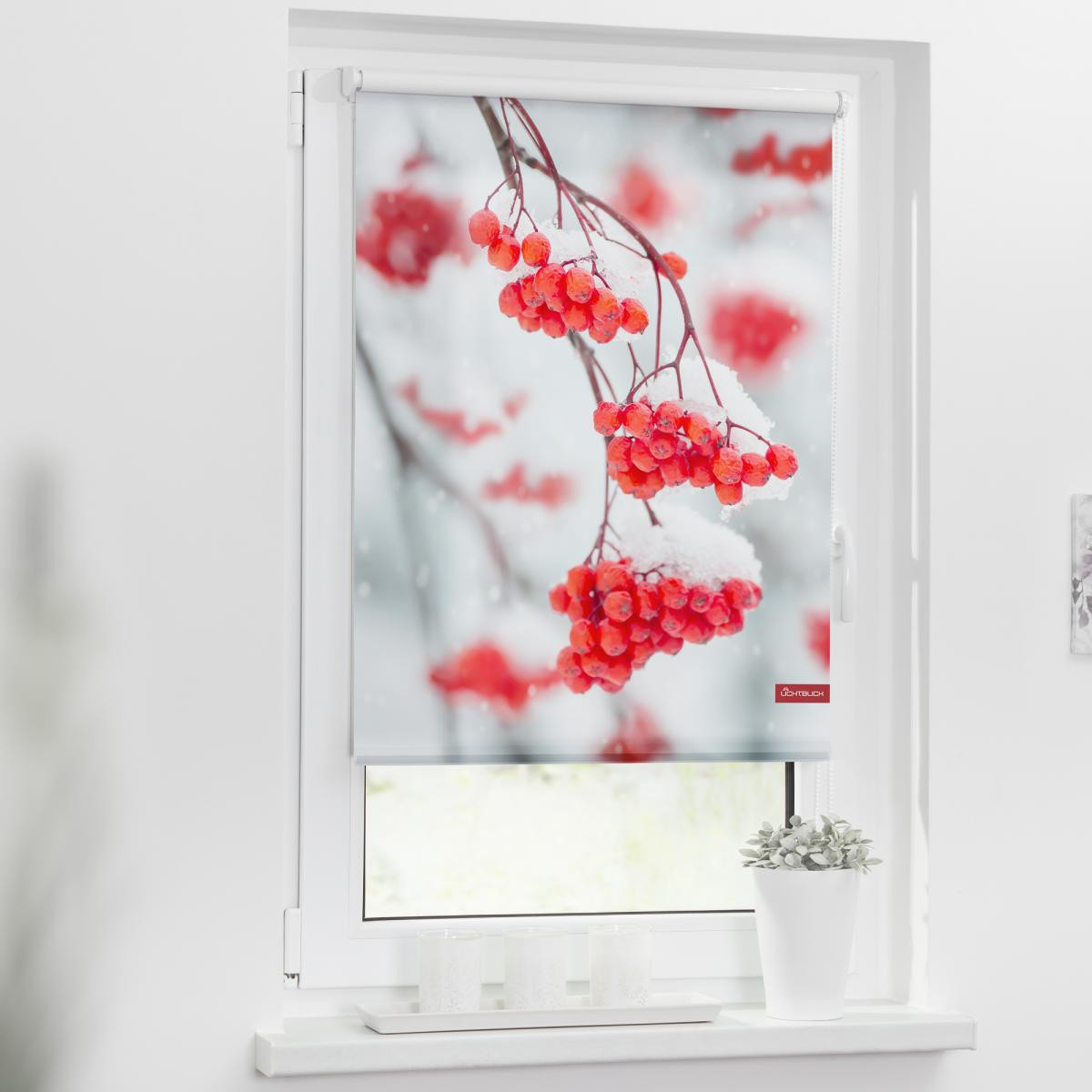 Lichtblick Rollo Klemmfix, ohne Bohren, blickdicht, Vogelbeeren - Rot Weiß, 80 cm x 150 cm (B x L)