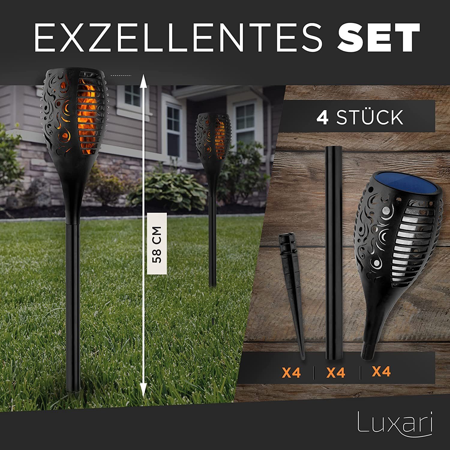 Luxari LED Gartenfackel Luxari Solar Gartenfackel − 4x Realistisches Flammenlicht