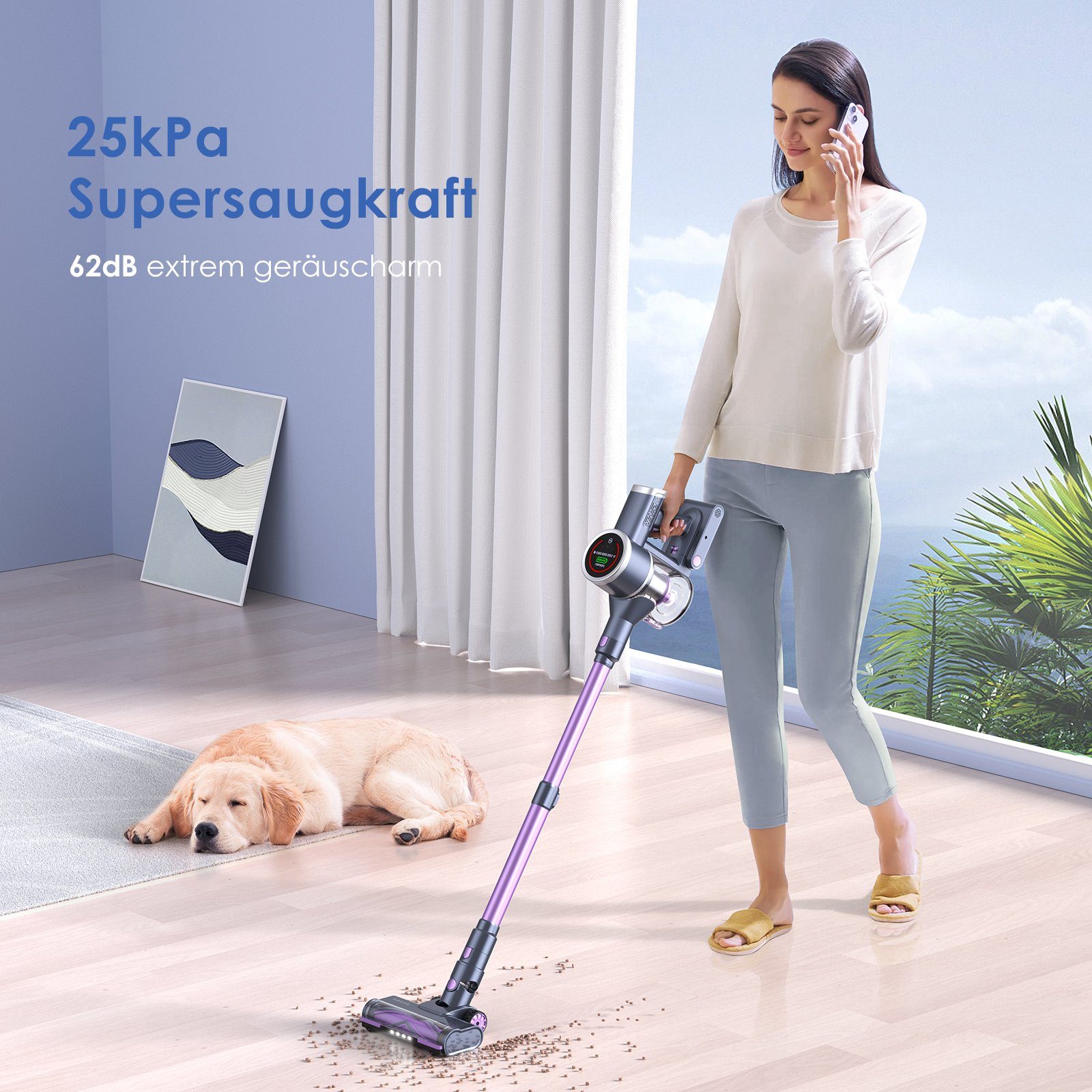 oyajia Akku-Stielstaubsauger kabellos 6in1 mit Ø10cm LED Touchscreen Akkusauger, 255,00 W, beutellos, 50Min. Laufzeit für Hartboden, Teppich, Tierhaare
