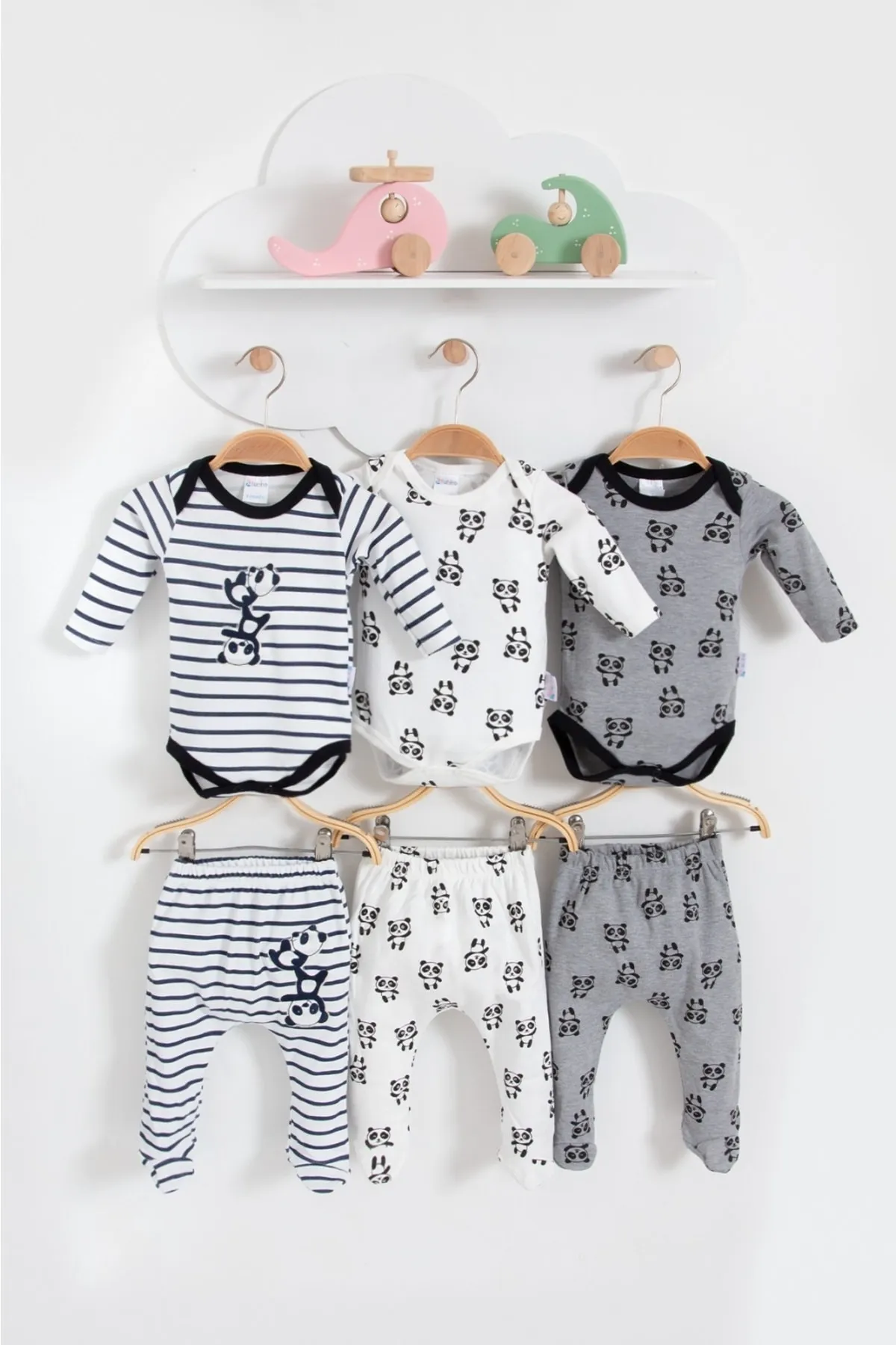 Bubito  6-teiliges Set aus Unterteil und Oberteil für Babys mit süßem Panda-Muster