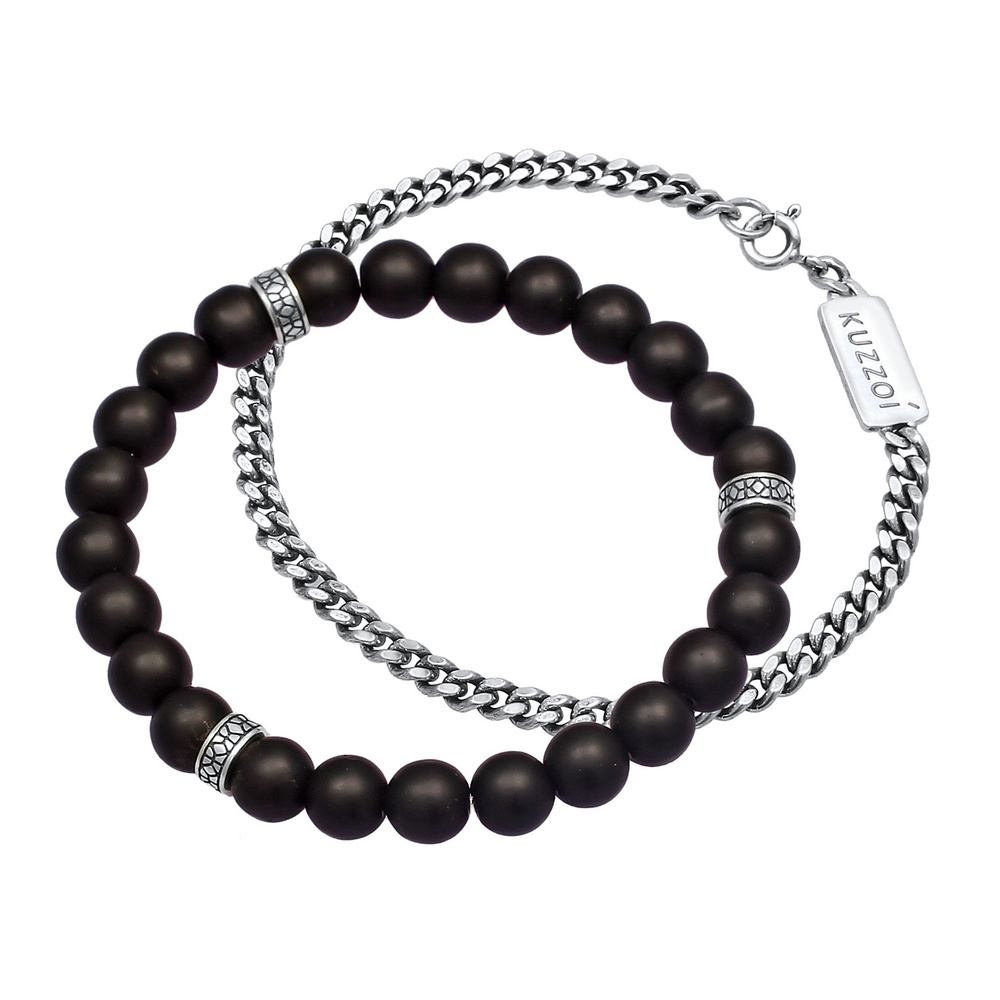 KUZZOI KUZZOI Bracelet Chaîne masculine en pierre d'onyx en 925/1000 argent massif Bracelet