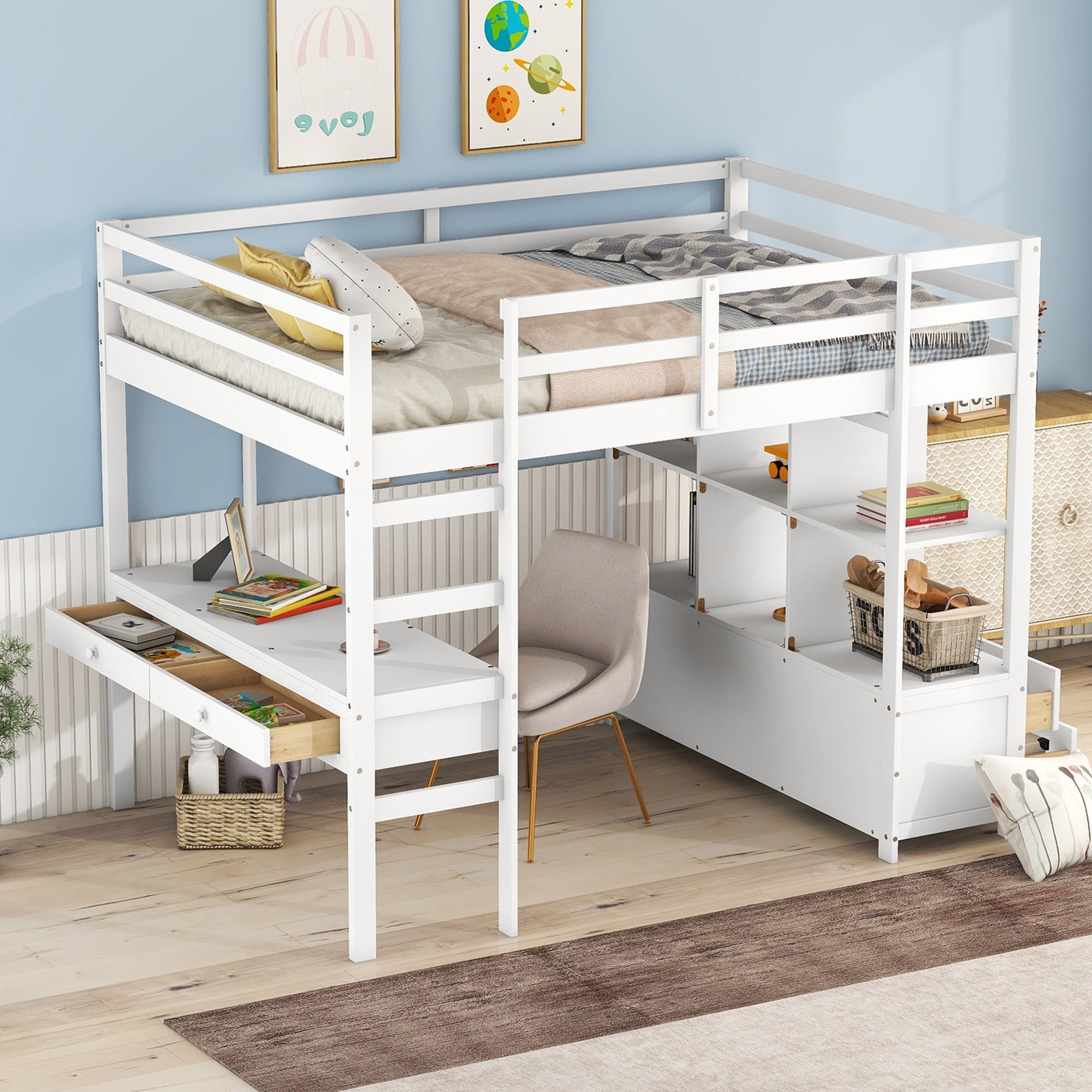 Fangqi Hochbett Großes Hochbett, Jugendbett mit Stauraum Schubladen und Schreibtisch