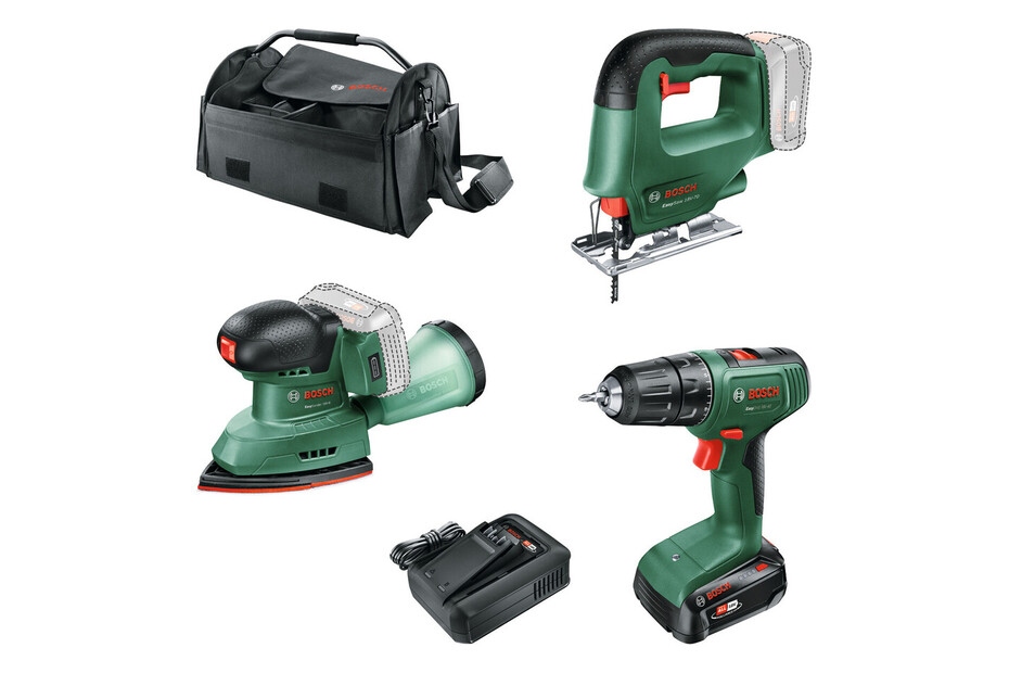 Bosch Green 0615A500AA Akku-Werkzeugset Kombi-Pack mit 3 Geräten, 1x 18V 2,5Ah Akku und Ladegerät AL 18V-44 sowie Werkzeugtasche im Karton