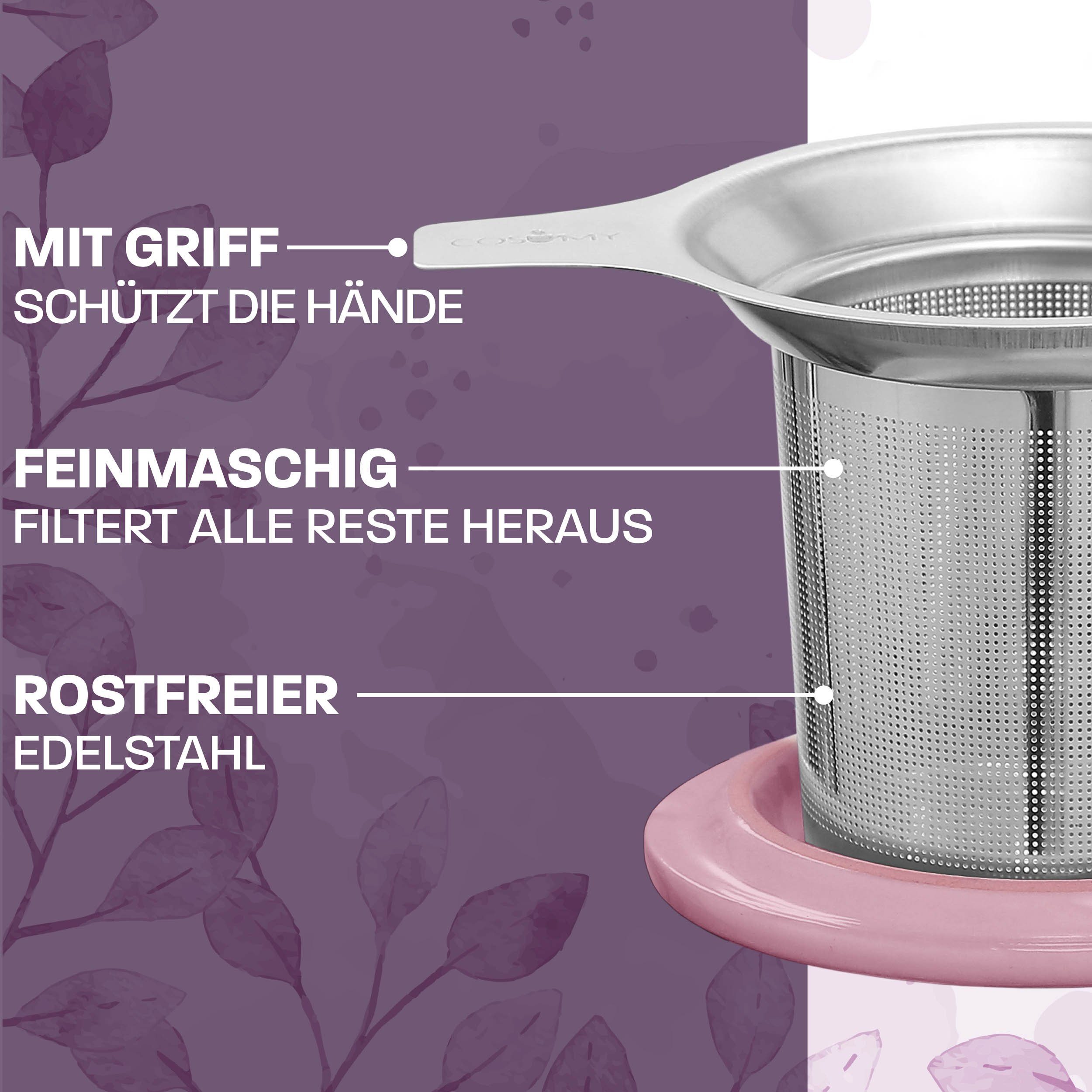 Cosumy Teeglas Teetasse mit Sieb und Deckel 400ml - Jumbotasse, Porzellan, Hält Lange warm - 400 ml Groß - Spülmaschinenfest