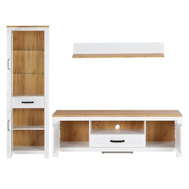 Homestyle4u Wohnwand Anbauwand Schrank Set 3 tlg. Weiß Eiche, (3-St)