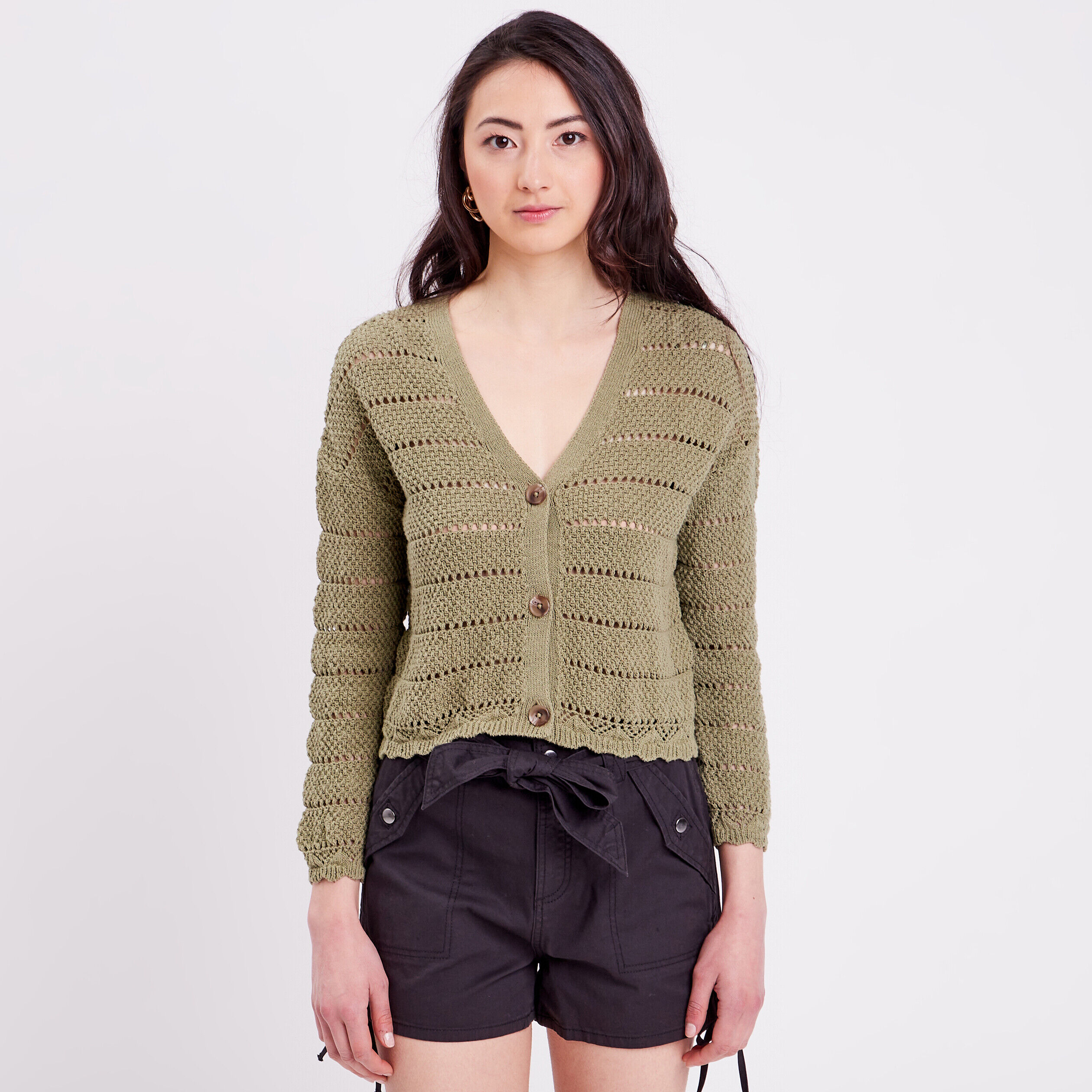 Gilet boutonné aspect crochet vert kaki femme | Cache Cache