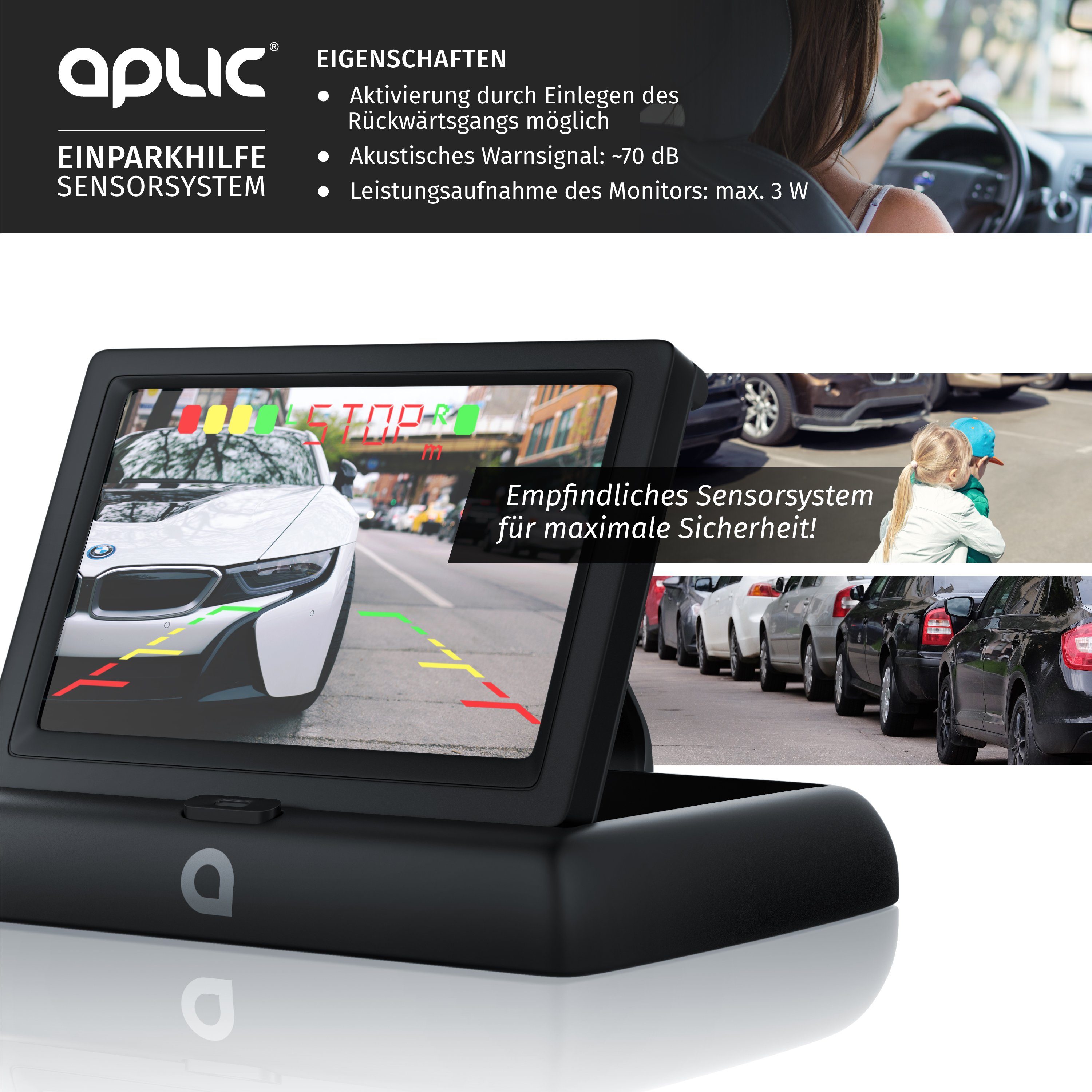 Aplic Rückfahrkamera (Einparkhilfe mit 4x Parksensoren, Kamera & 4,3