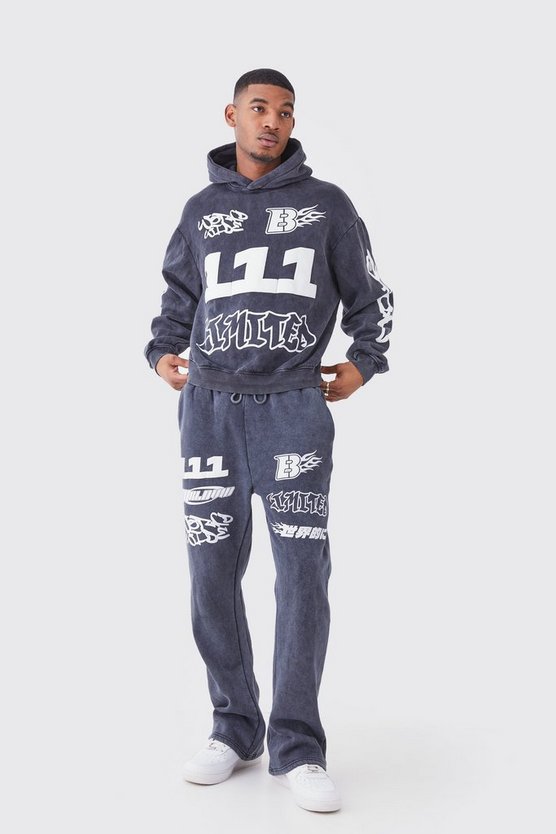 Tall kastiger gerippter Oversize Trainingsanzug mit Print und Kapuze